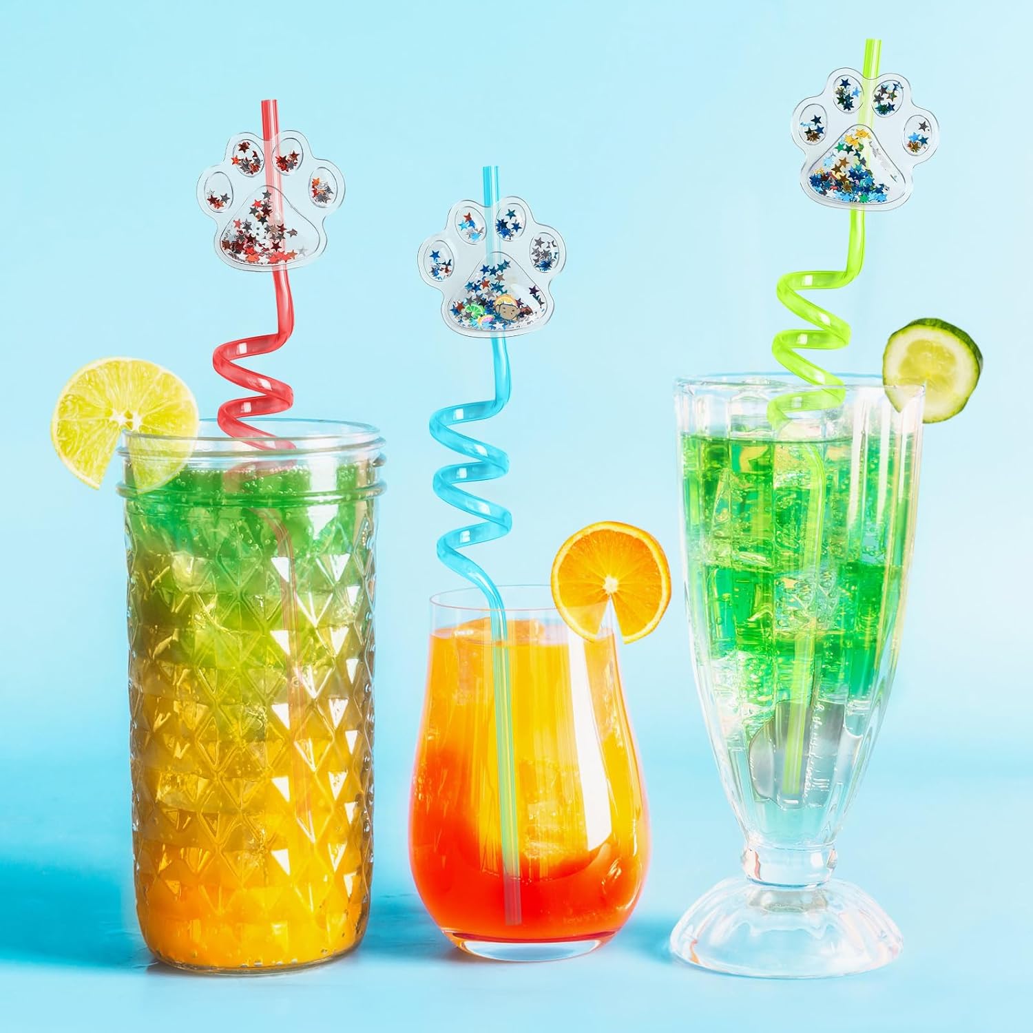 FZR Legend 24Pcs Glitter Paw Drinking Straws with 2Pcs Straw Cleaning Brushes