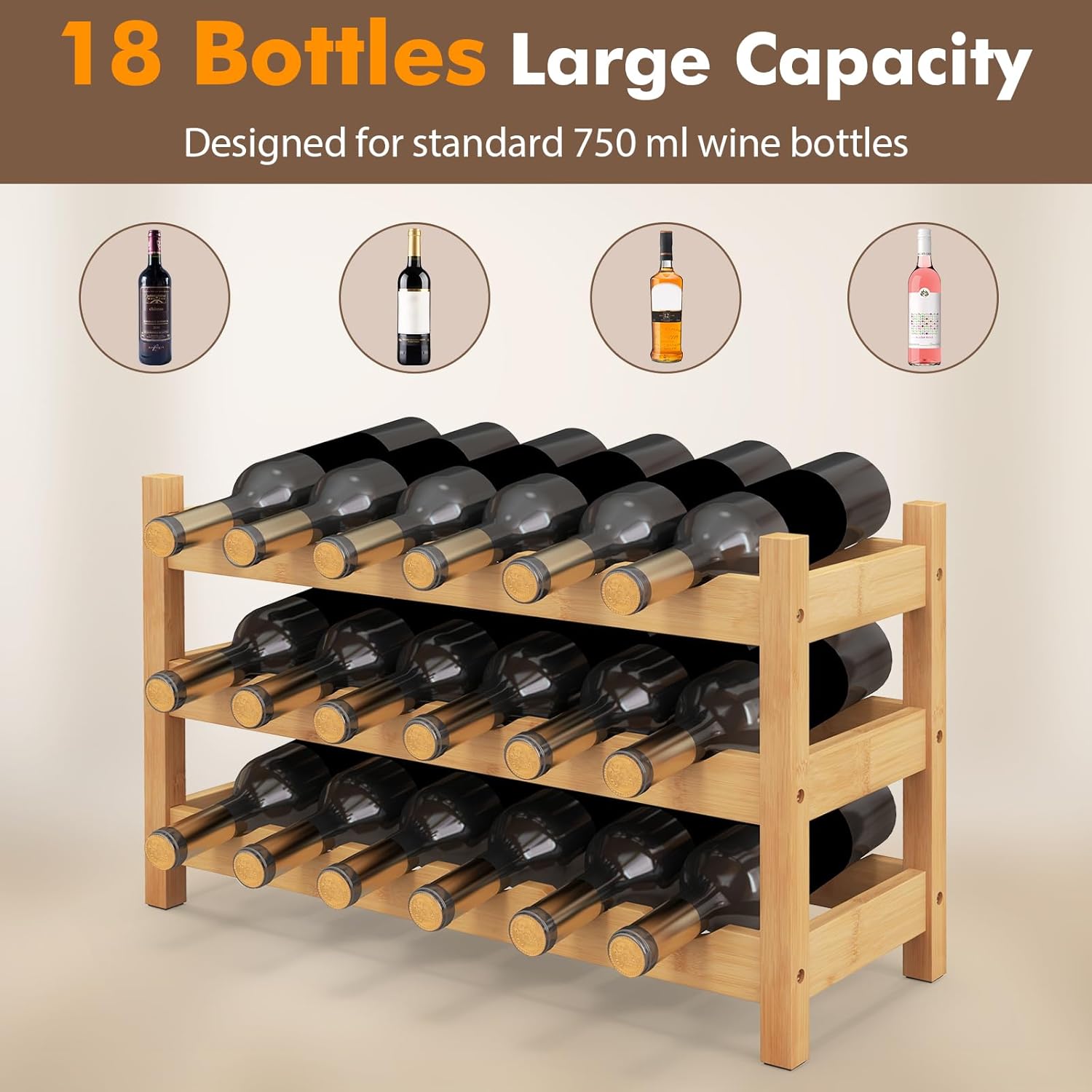 Giantex Bamboo 3 Tier Wine Rack 18 Bottle