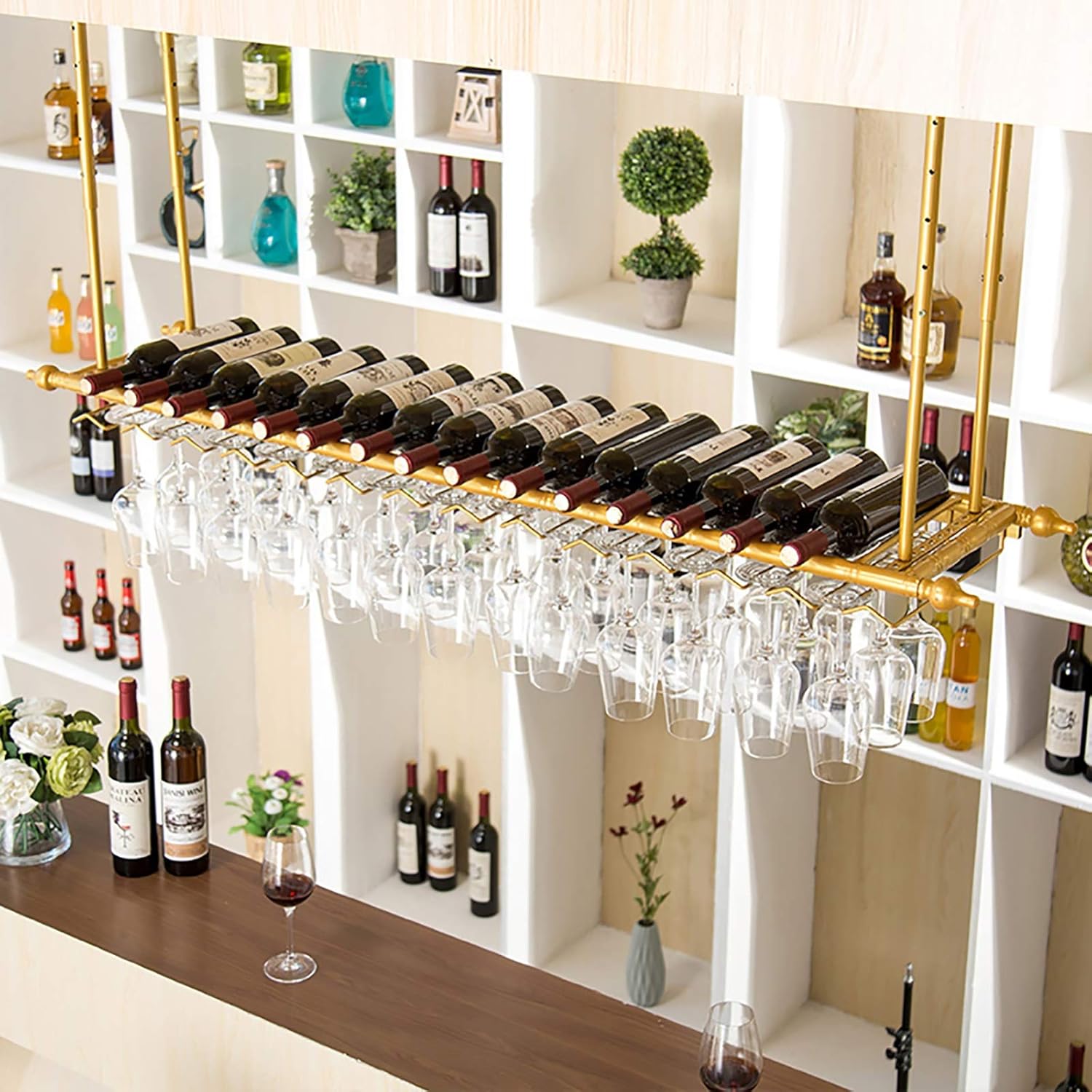Ceiling Wine Rack with Adjustable Height and Spacing