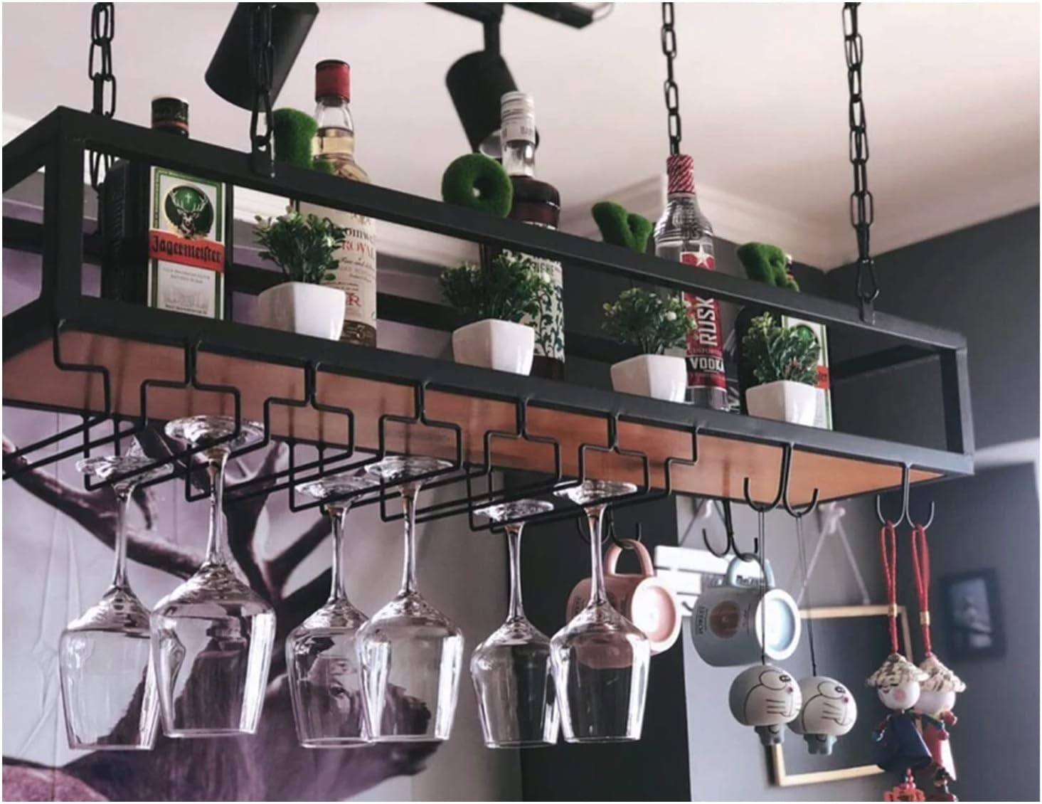Sturdy Iron Hanging Wine Rack with Adjustable Design Black
