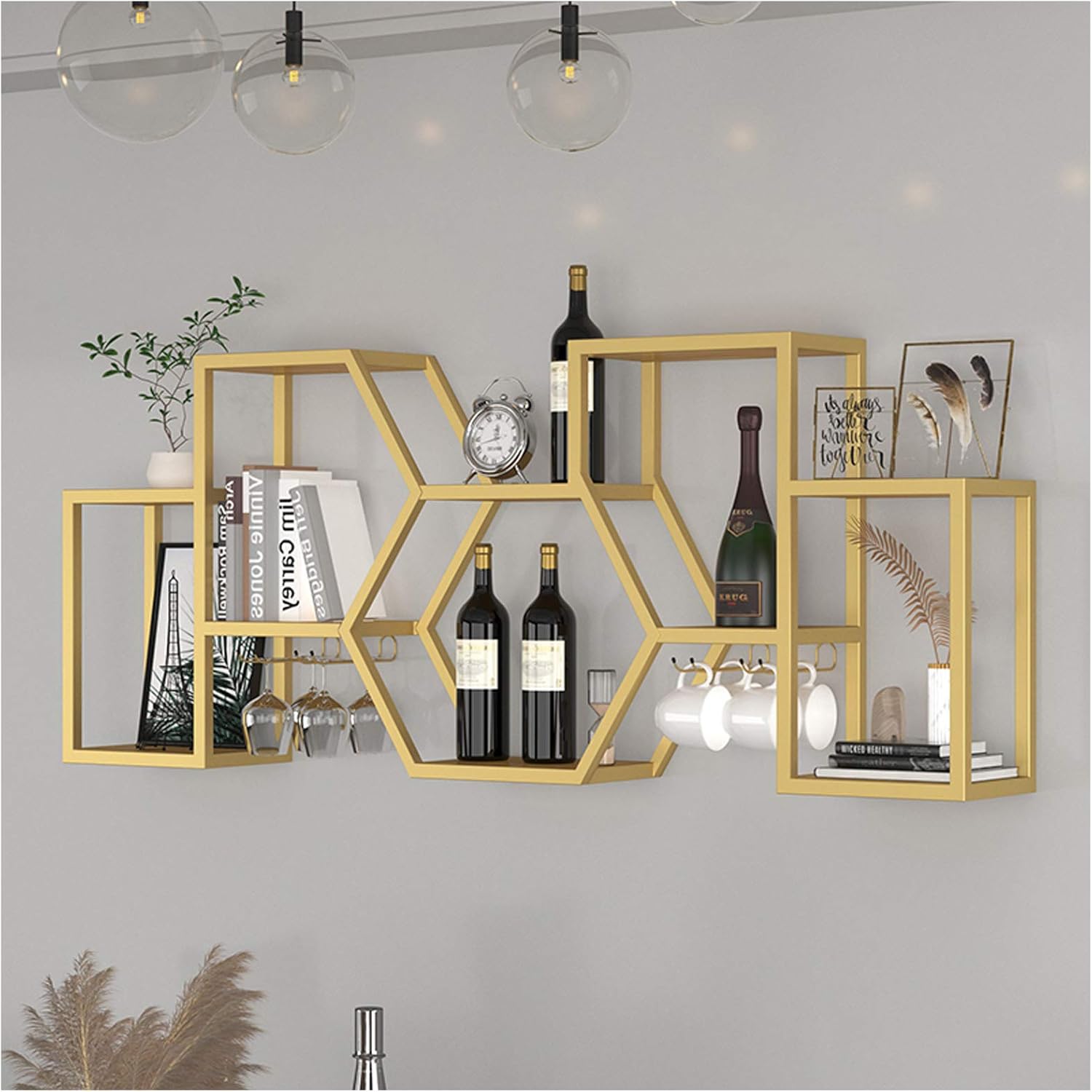 BOCbco Wall-Mounted Wine Rack in Gold with Iron Art