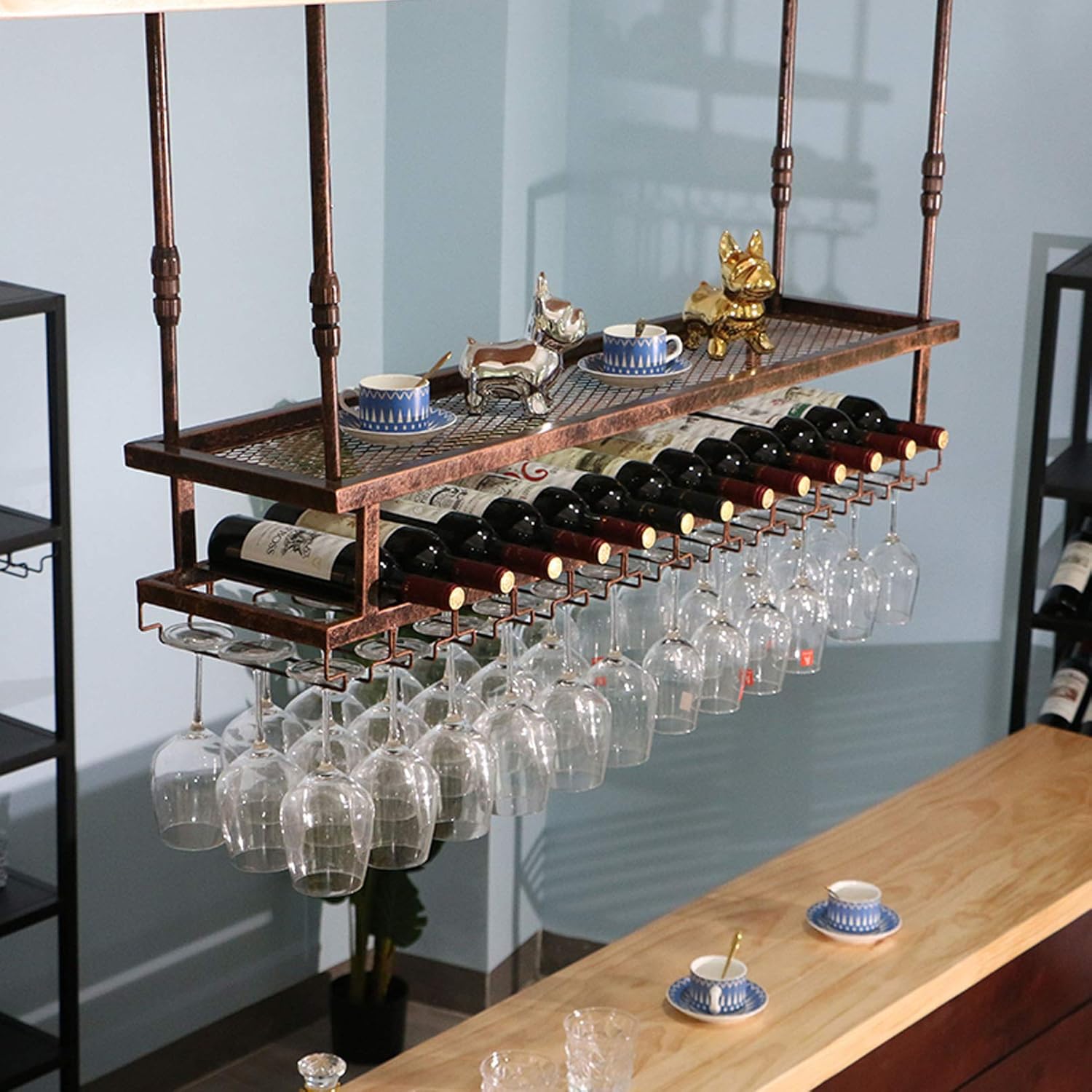 Industrial Hanging Wine Rack with 2 Layers