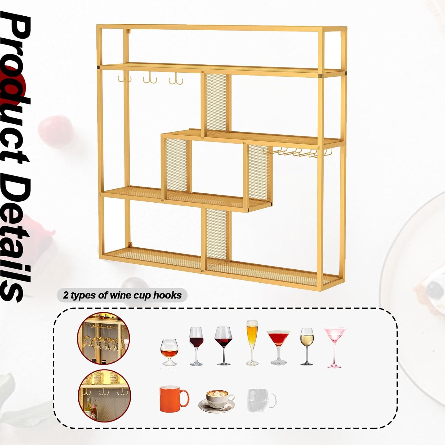 118in Wall Mounted Wine Rack with Glass Holder 4-Tier Industrial Design Black