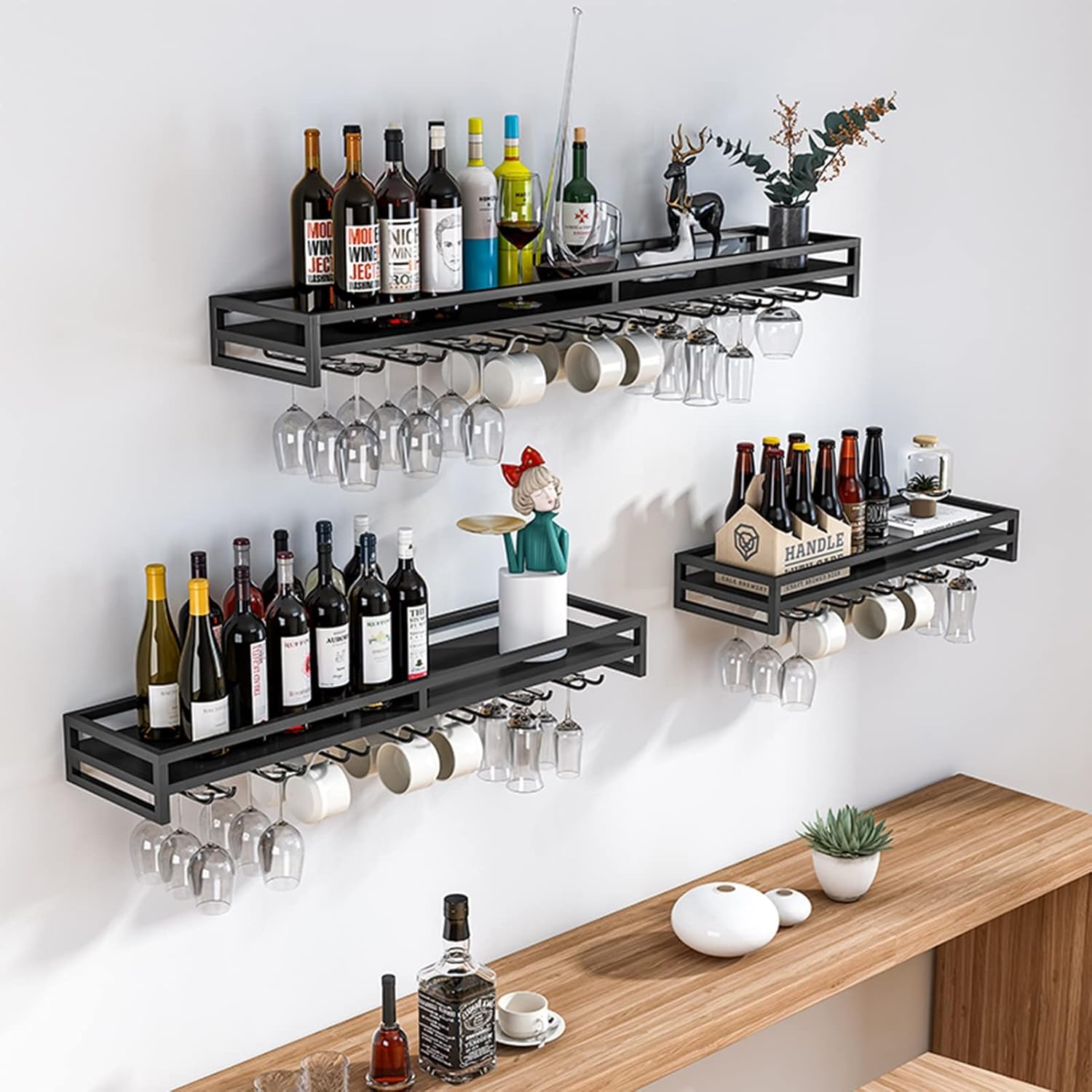 Suuim Wall Mounted Wine Rack Glass Holder Black Metal