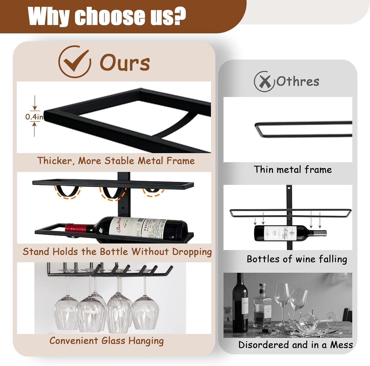 16 Bottle Wall Mount Wine Rack with Glass Holder Black