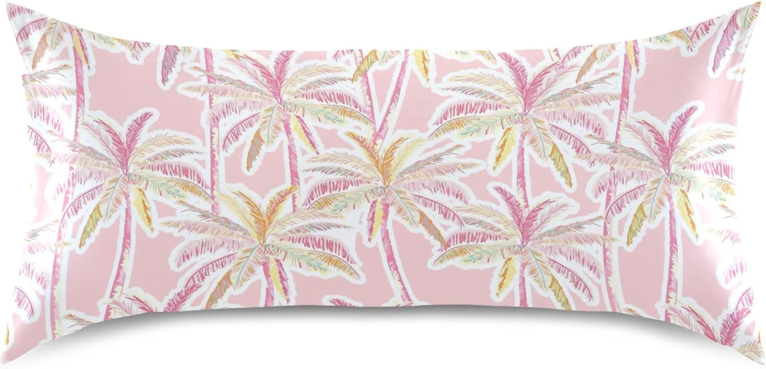 Tropical Palm Pink Leaf Satin Pillow Case