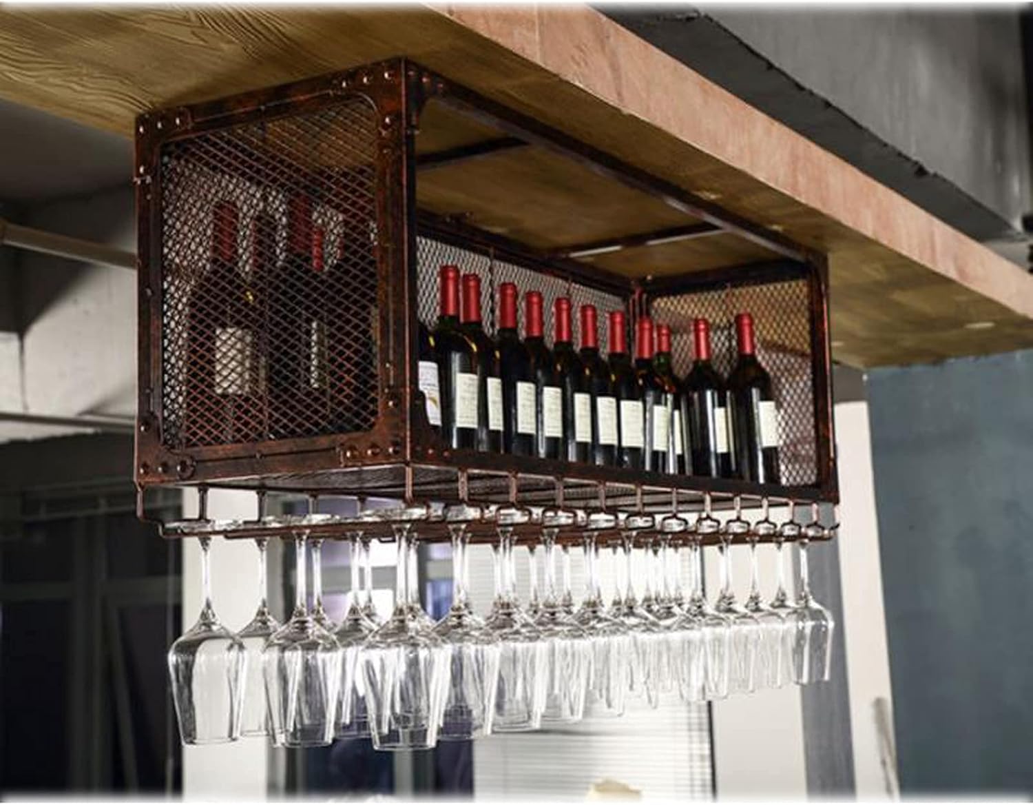 Wall-Mounted Wine Rack with Upside-Down Glass Holders