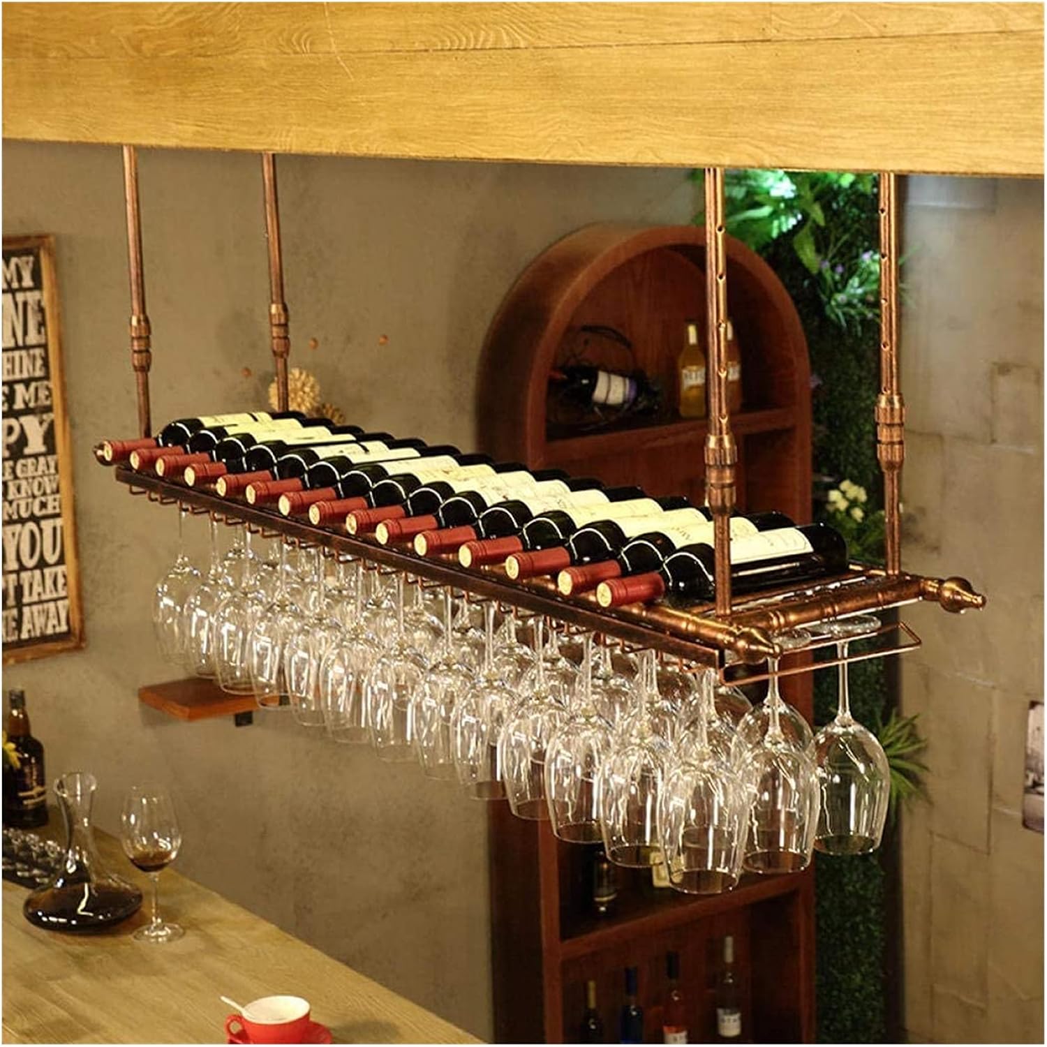 Ceiling Hanging Wine Rack with Glass Holder Shelf and Stemware Holder