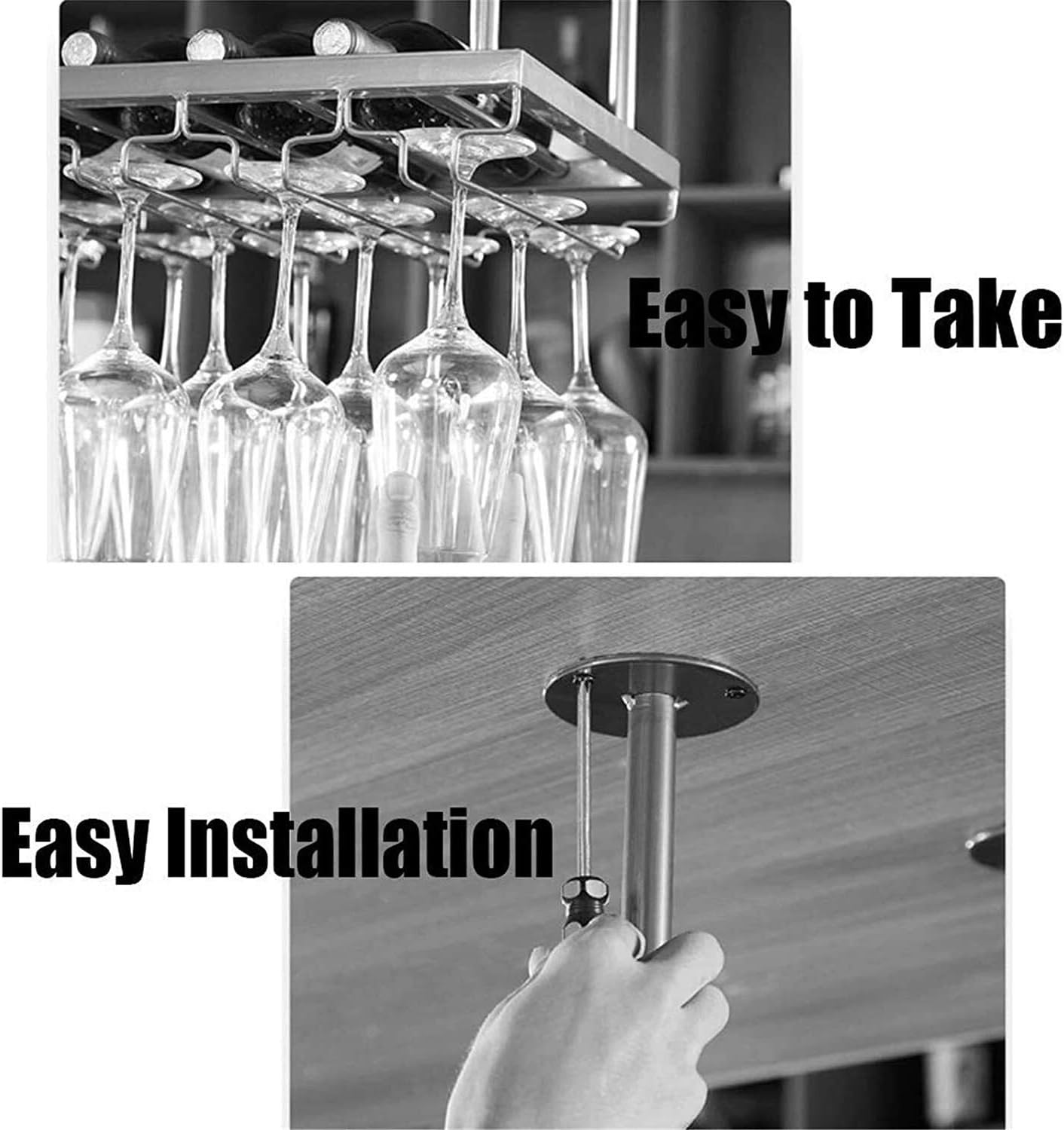 Ceiling Hanging Wine Rack with Adjustable Glass Holder Shelf