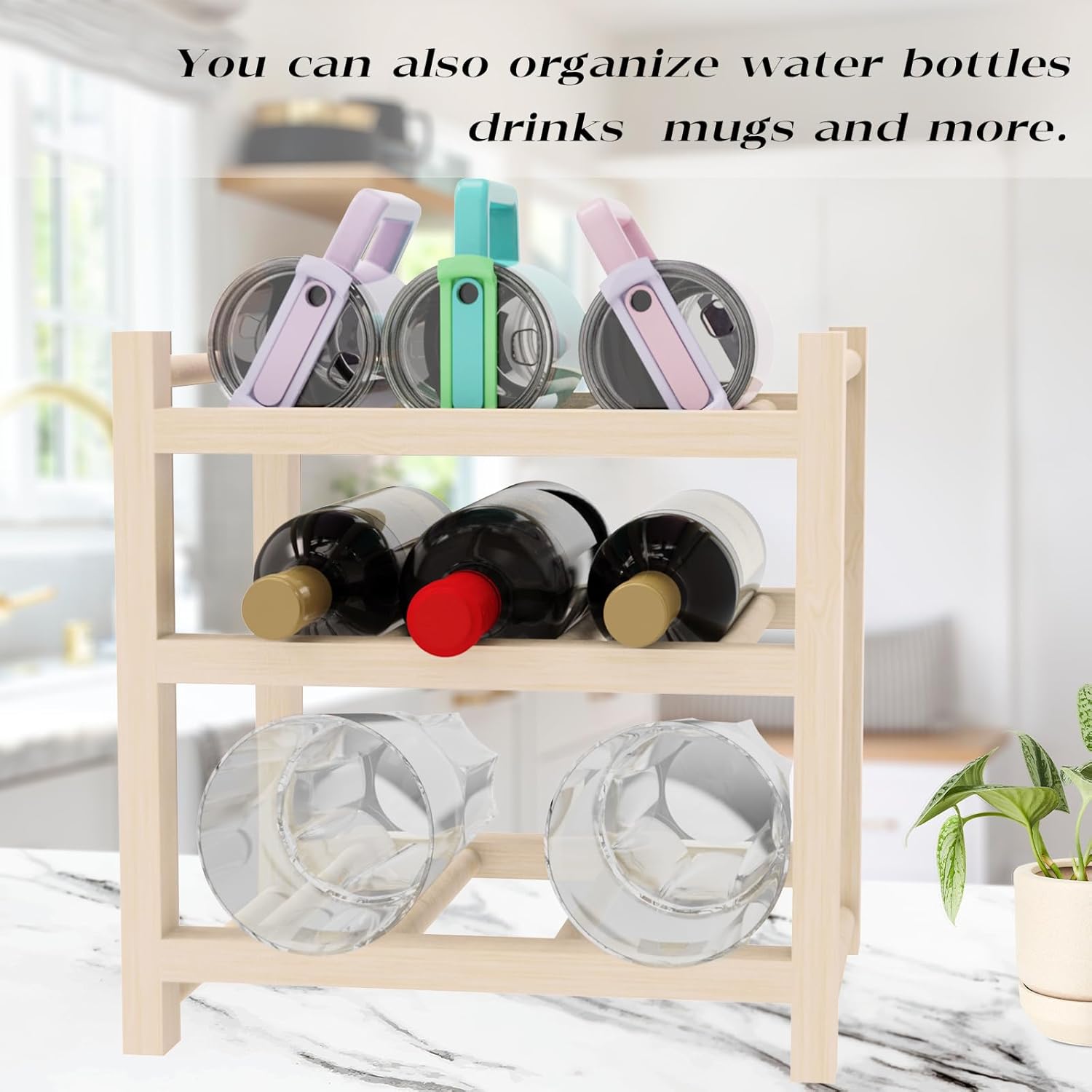 Haihomebest Solid Wood Wine Rack 9-Bottle 3-Tier