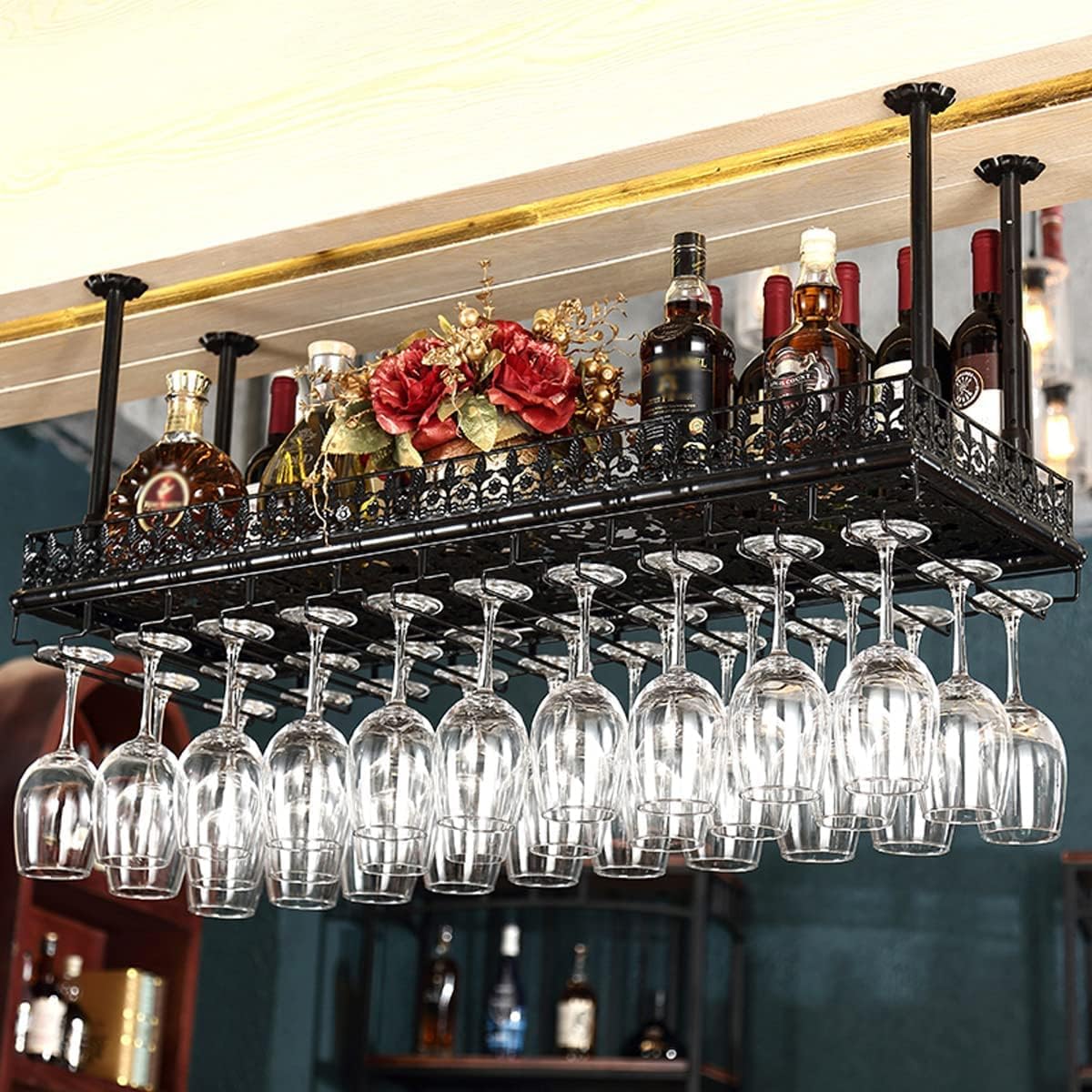 Adjustable Metal Ceiling Wine Rack Holder - 60x35cm Black
