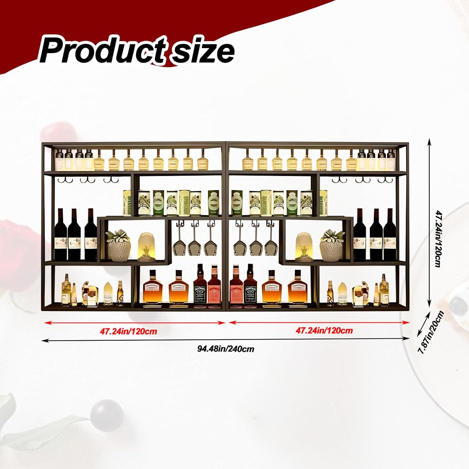 118in Wall Mounted Wine Rack with Glass Holder 4-Tier Industrial Design Black
