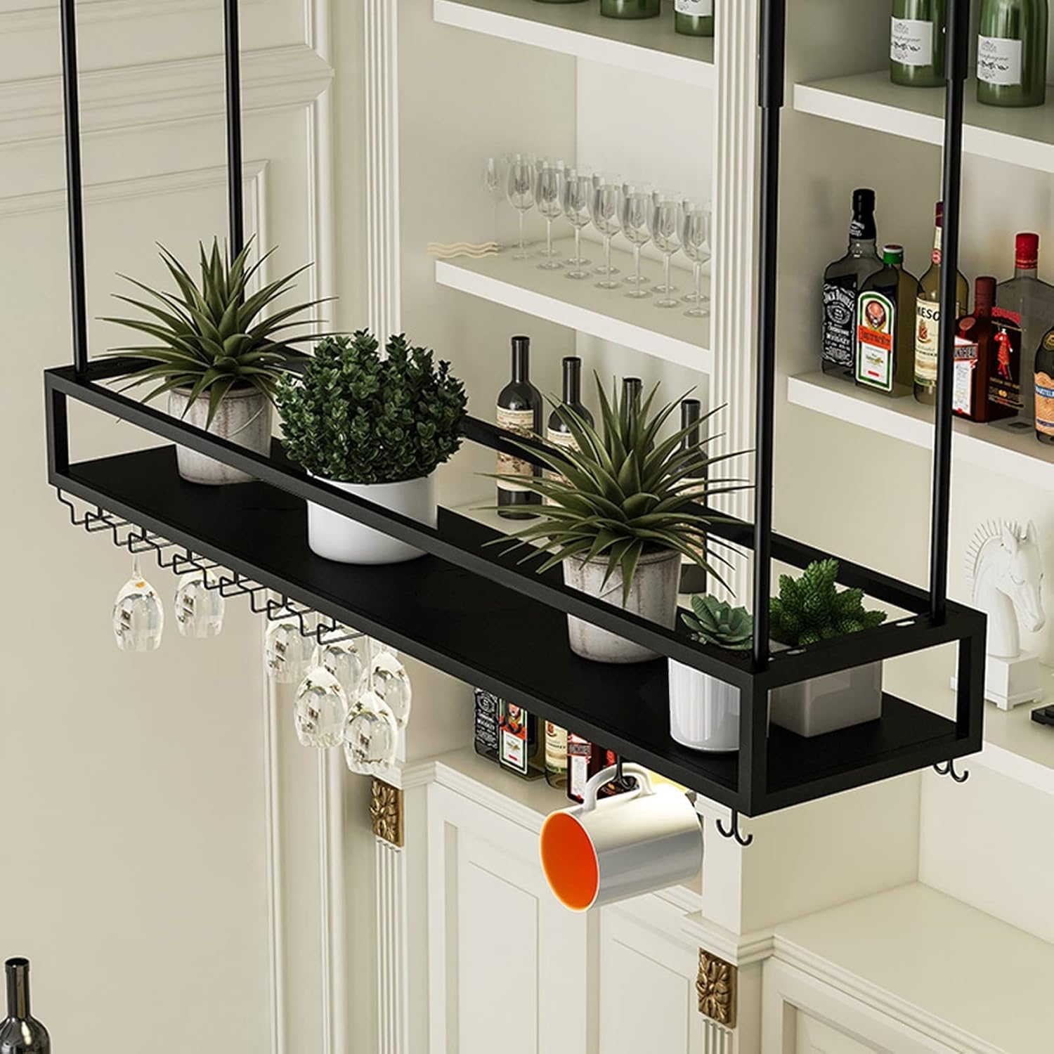 Black Wine Rack with Glass Holder 2-in-1 Stemware Bottle Storage