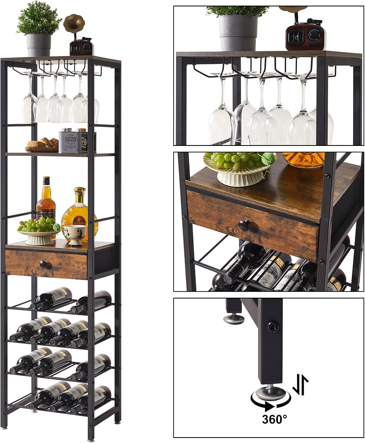 IBUYKE 4-Tier Freestanding Wine Rack with Storage Drawer