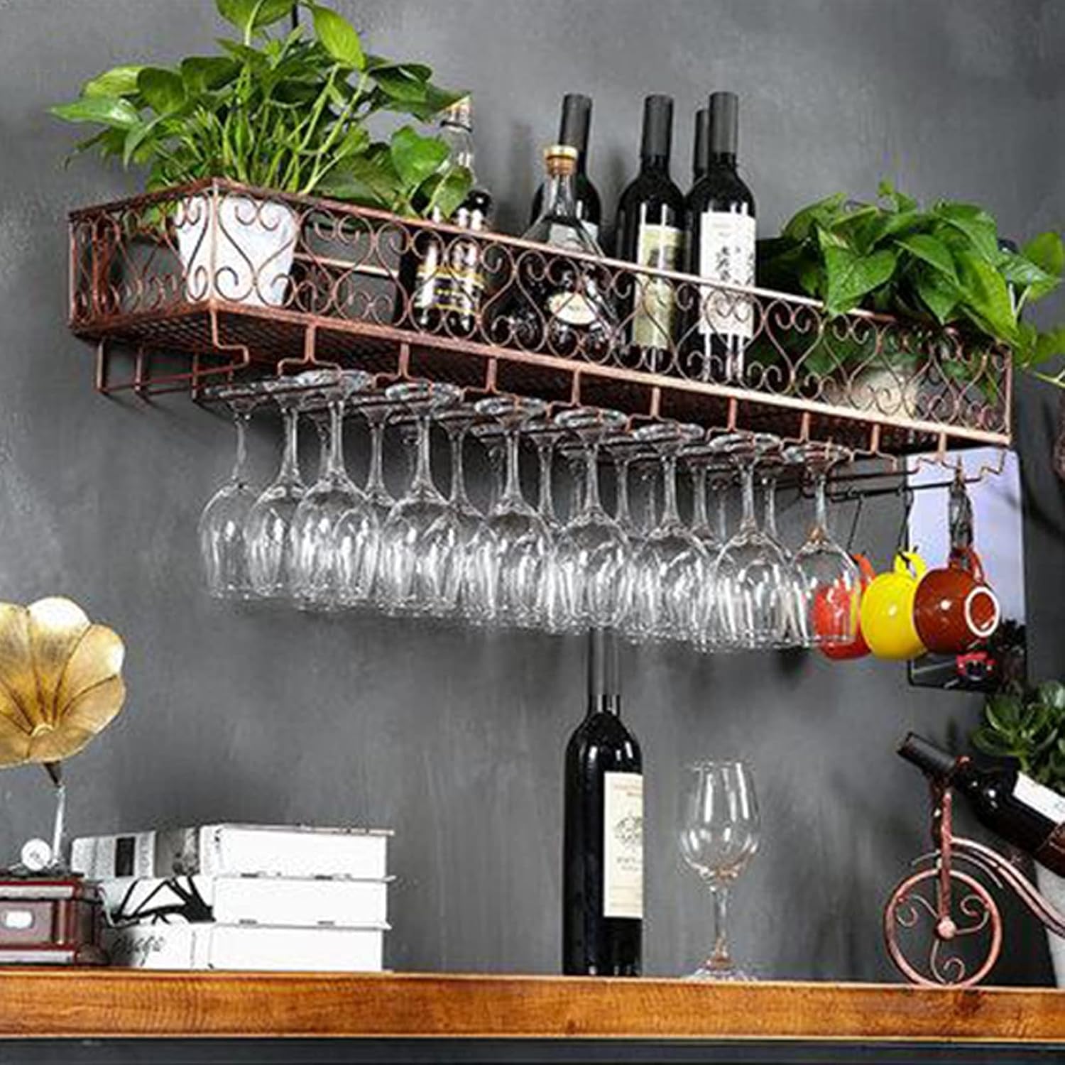 Suuim Wall Mounted Wine Glass Rack with Double Layer Storage