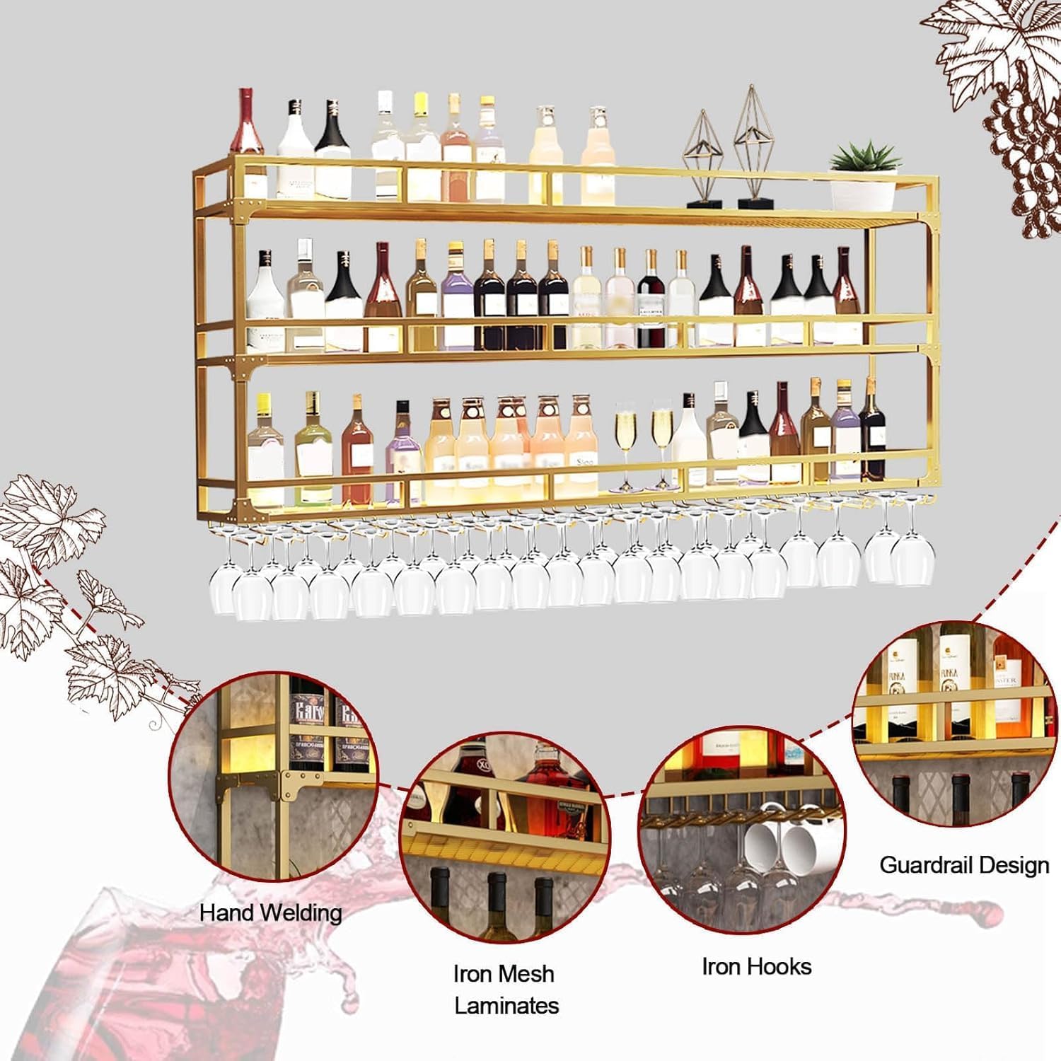 Wall Mounted Wine Rack 3 Tiers Gold Metal