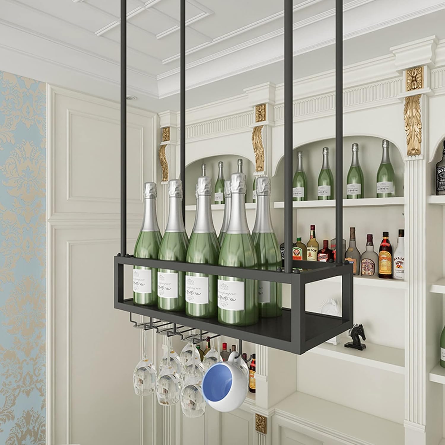 Black Wine Rack with Glass Holder 2-in-1 Stemware Bottle Storage
