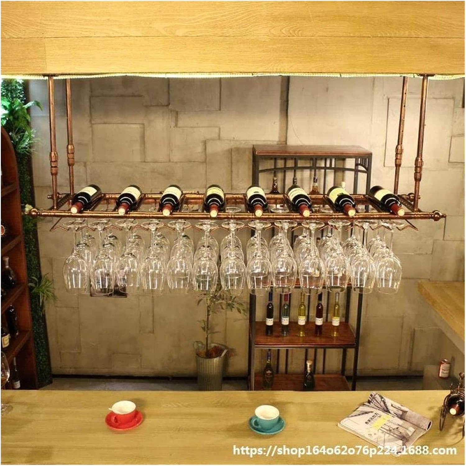 Ceiling Hanging Wine Rack with Glass Holder Shelf and Stemware Holder