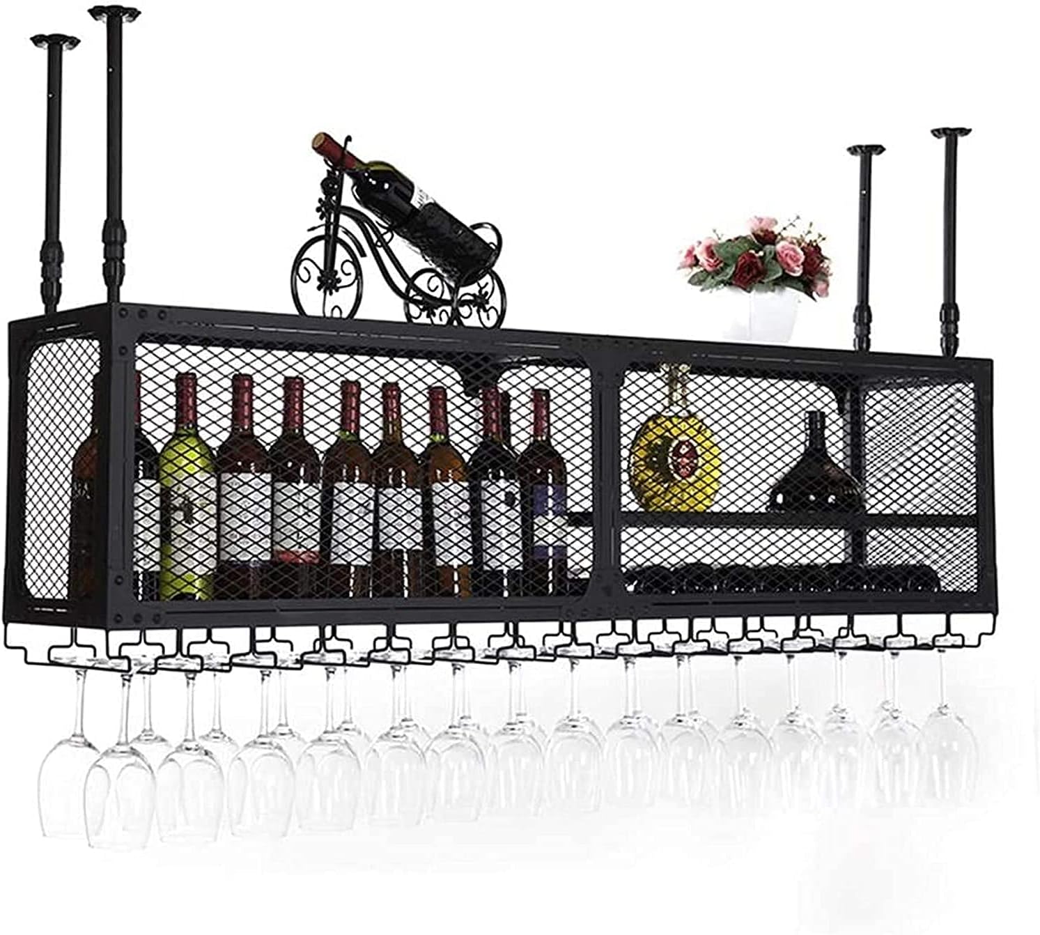 Industrial Ceiling Wine Rack with Glass Holder Shelf