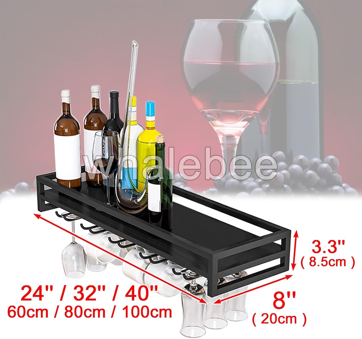 Whalebee Wine Glass Holder 24 Metal Rack for Wall Mount