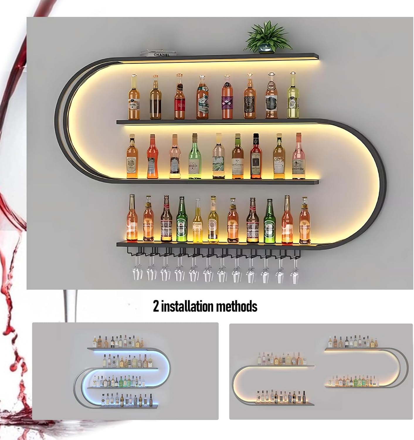 RAJYQODIS Wall Mounted Wine Rack 4-Tier Black Industrial