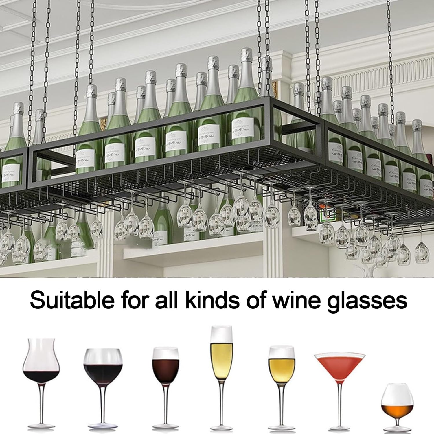 Ceiling Wine Glass Rack with Adjustable Height and Durable Metal