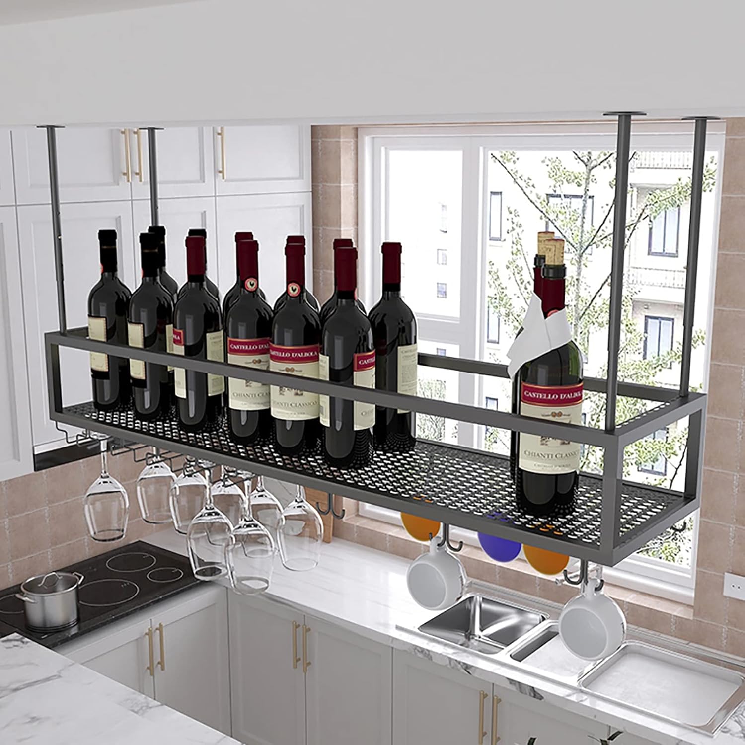 Industrial Black Wine Rack with Stemware Storage