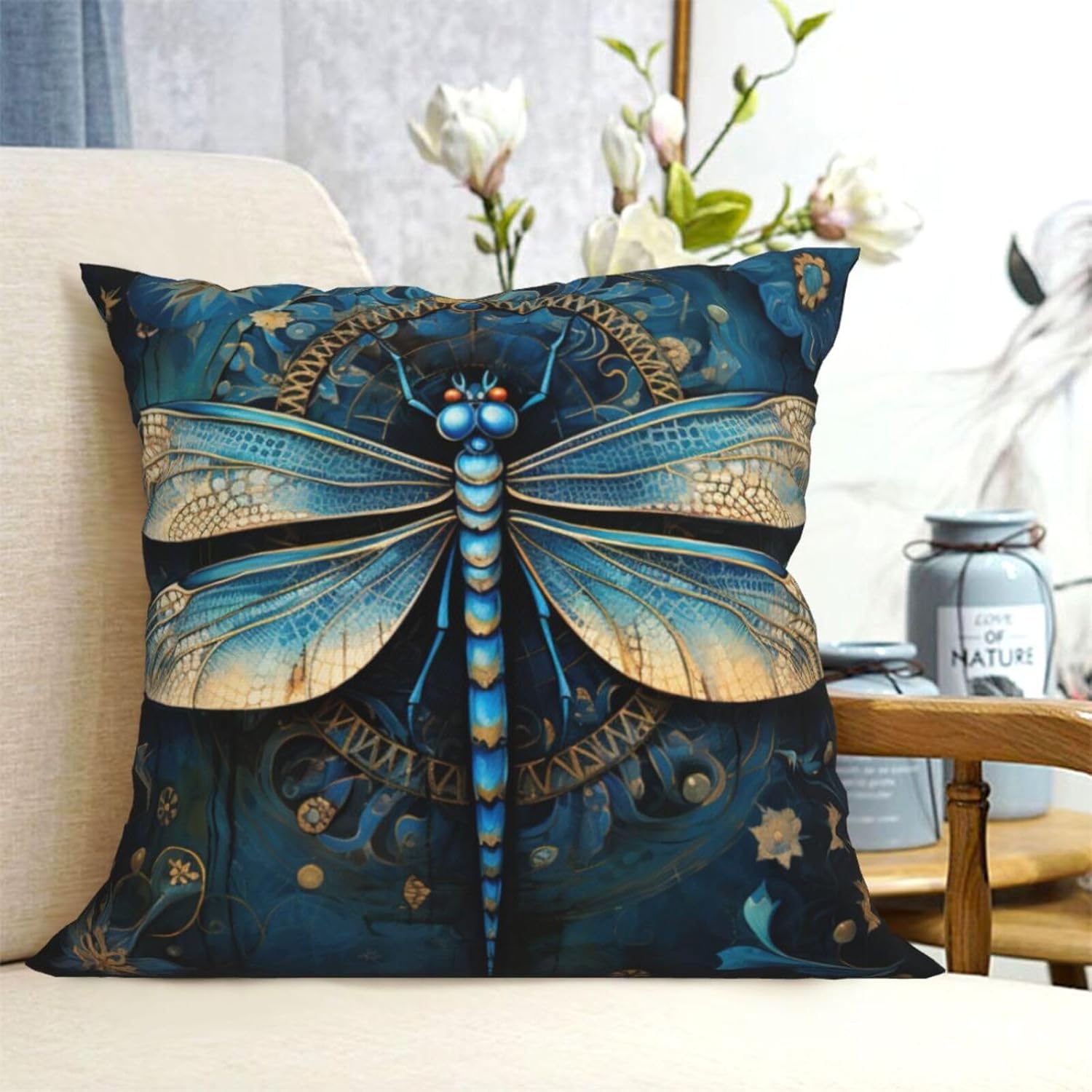 Ogniwo Art Blue Dragonfly Throw Pillow 12x12 Inch Soft Square Cushion Case