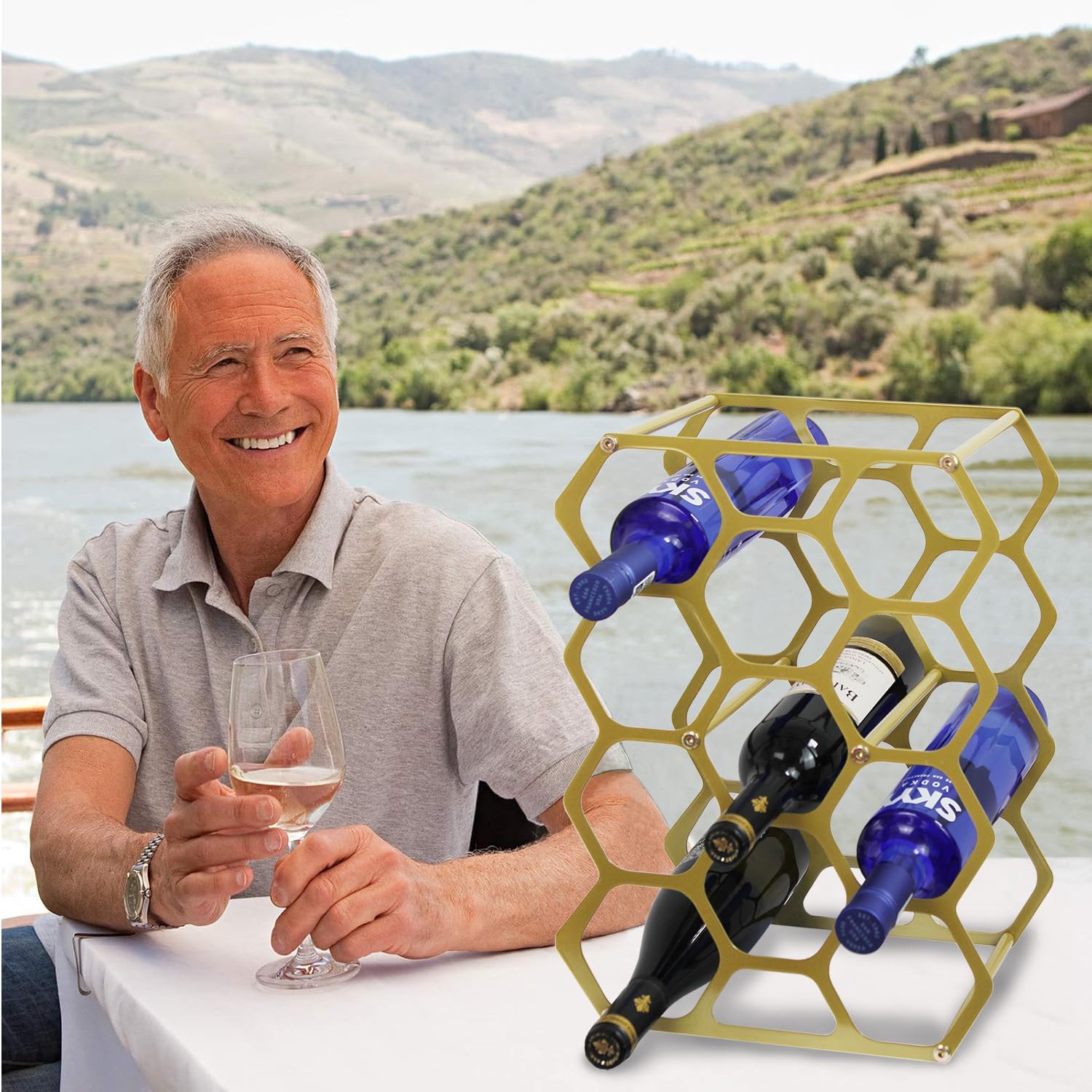 AT-VALY 14 Bottle Countertop Wine Rack Gold