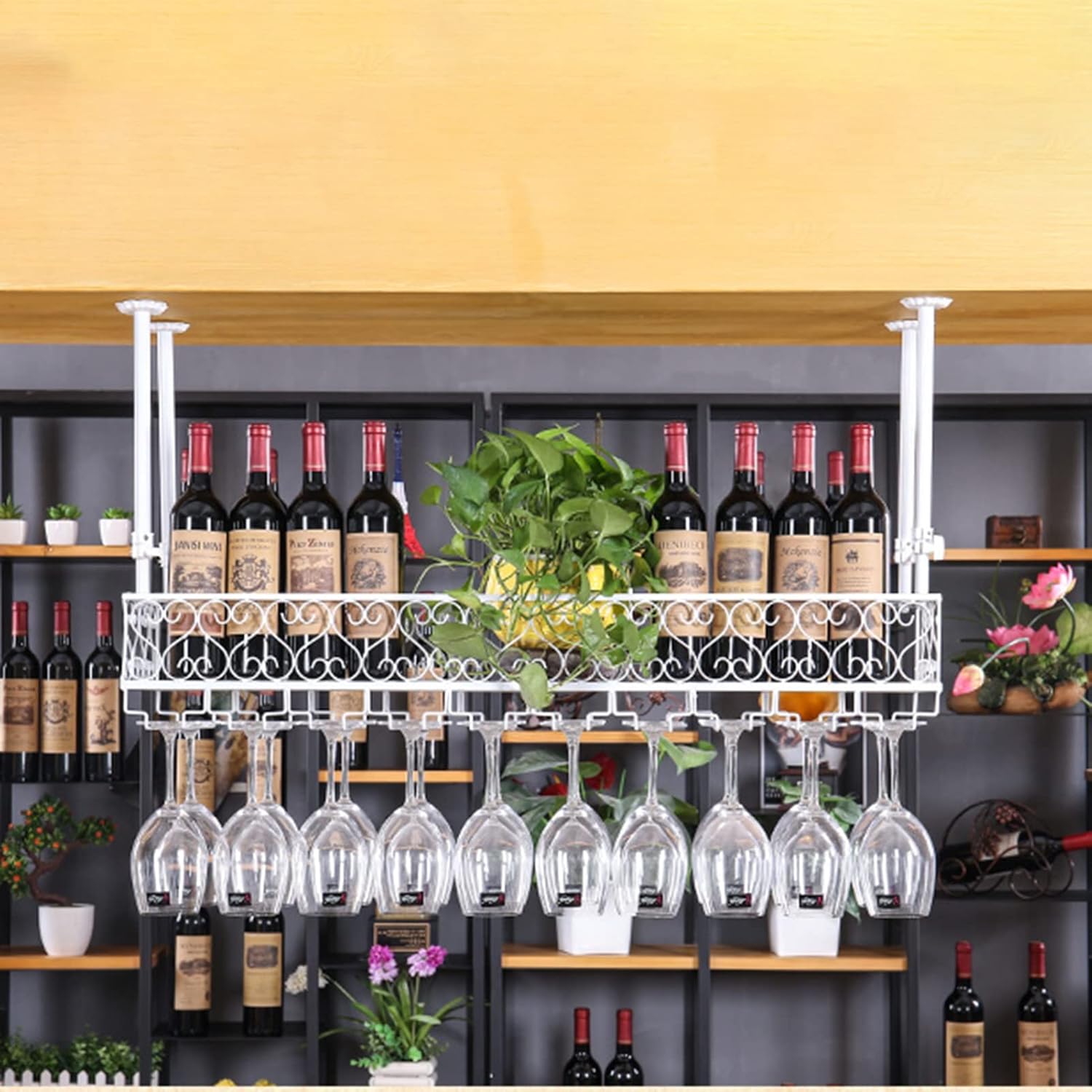 Suuim White Wine Rack Ceiling Hanging Storage