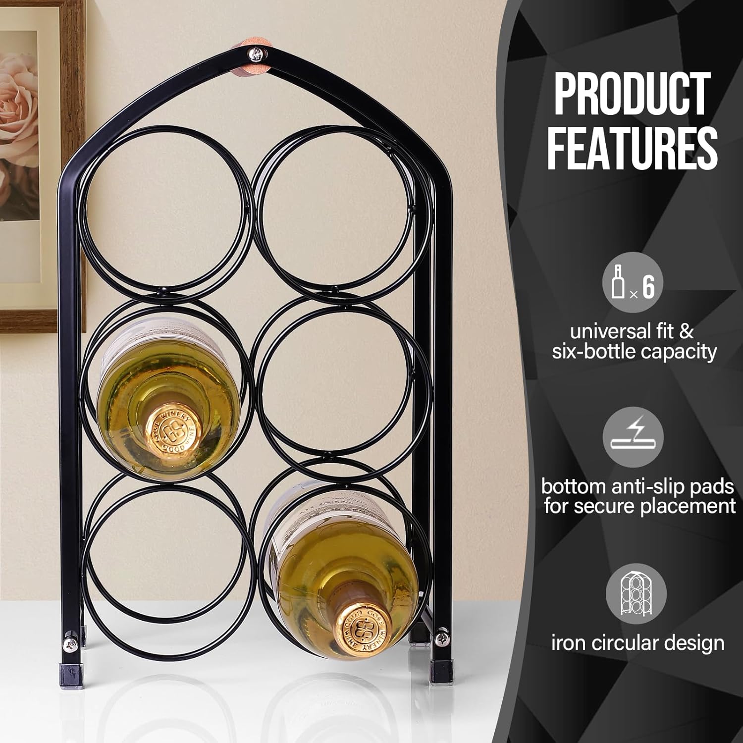 Drincarier 6 Bottle Countertop Wine Rack - Modern Black Metal 3 Tier Stand 1