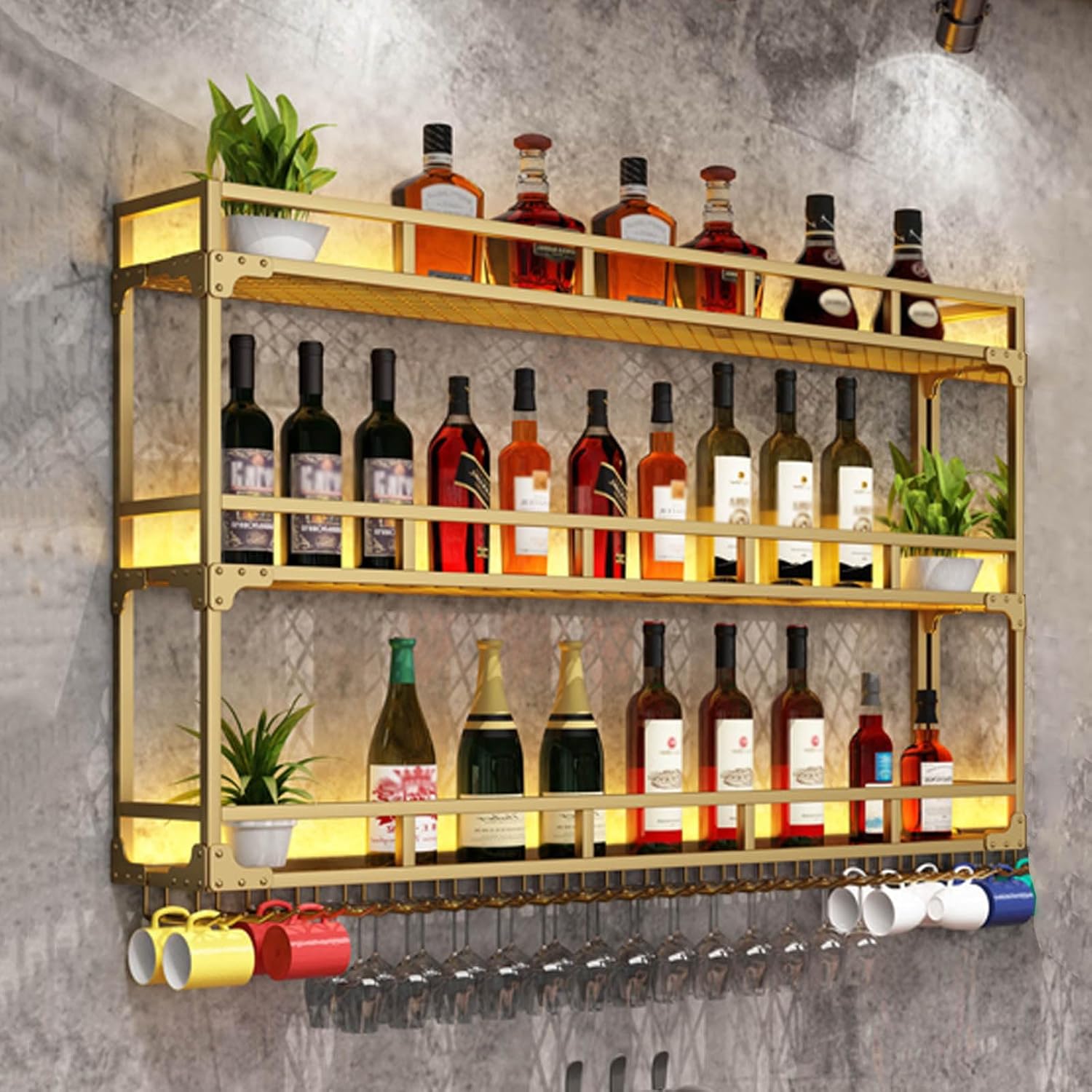 Wall Mounted Wine Rack 3 Tiers Gold Metal