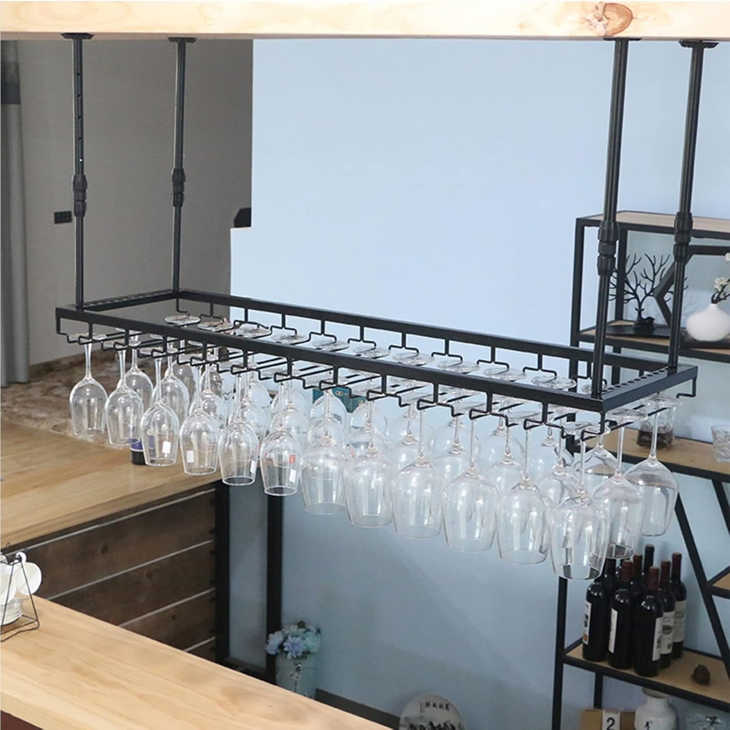 Ceiling Hanging Wine Rack with Glass Holder Black 80x35cm