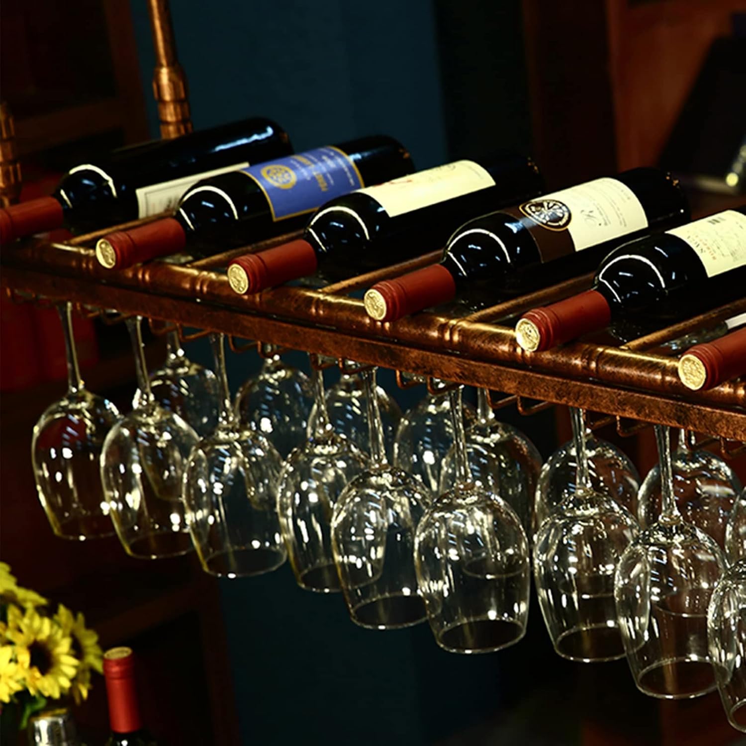 Metal Wine Racks with Adjustable Stemware Holder for Home Bar