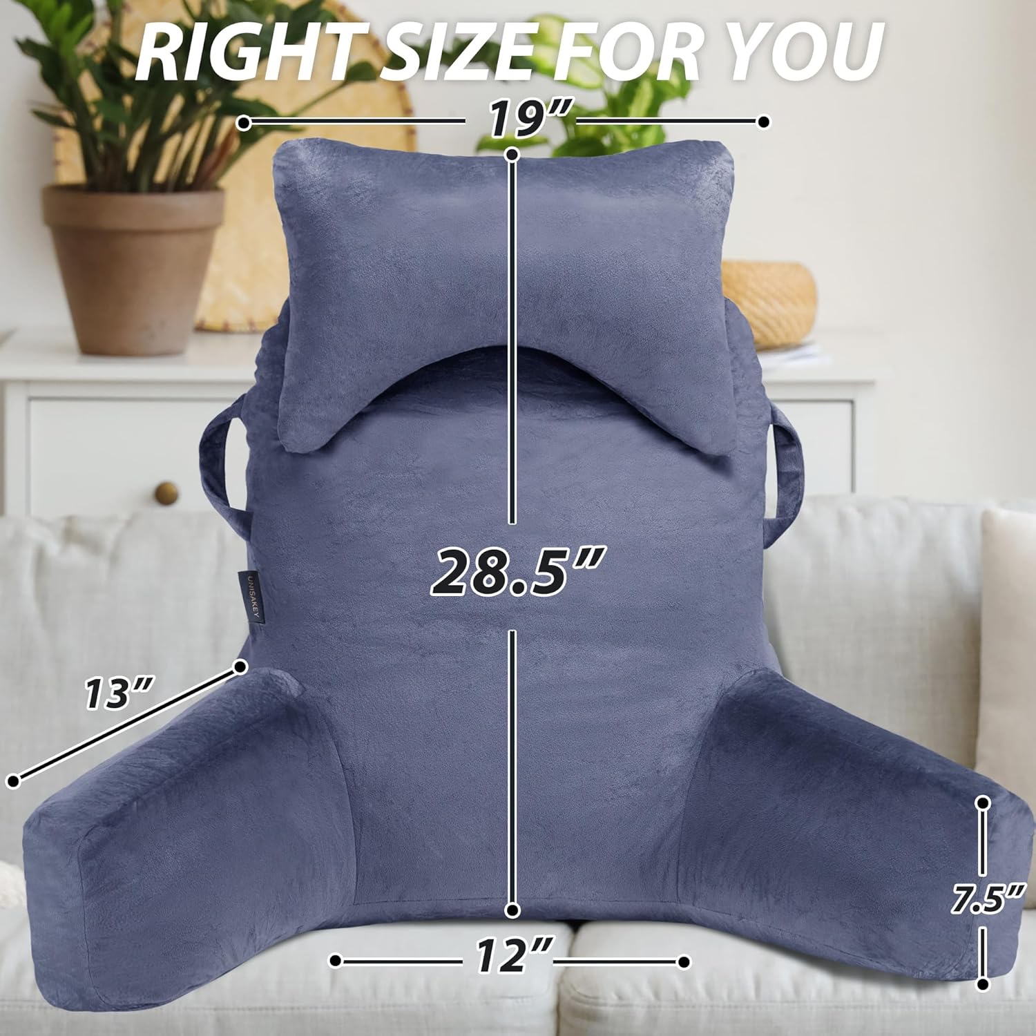 Unisakey Portable Reading Pillow with Headrest and Pockets Blue