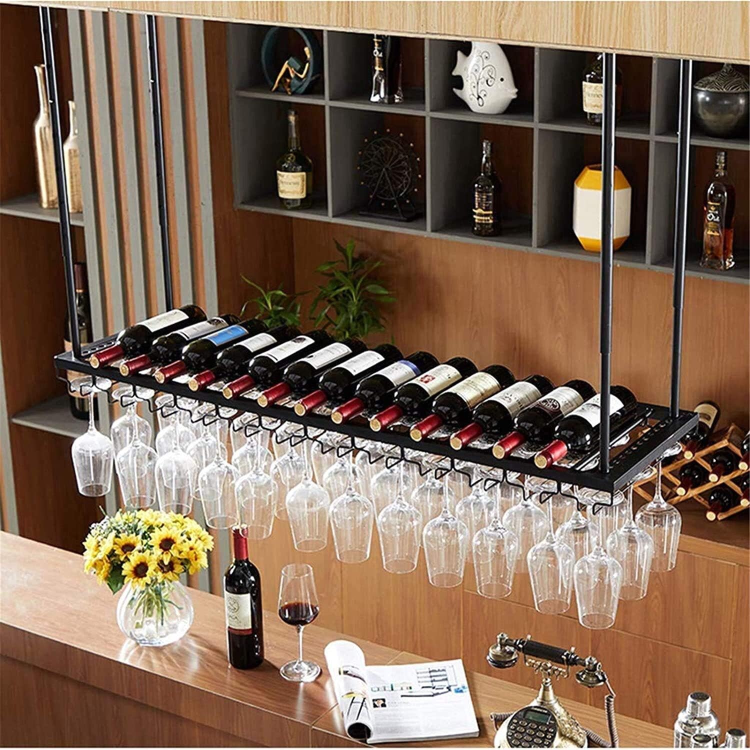 Ceiling Hanging Wine Rack with Adjustable Glass Holder Shelf