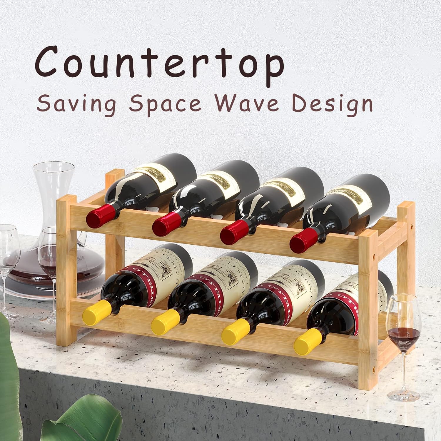 BAMEOS 8-Bottle Freestanding Bamboo Wine Rack