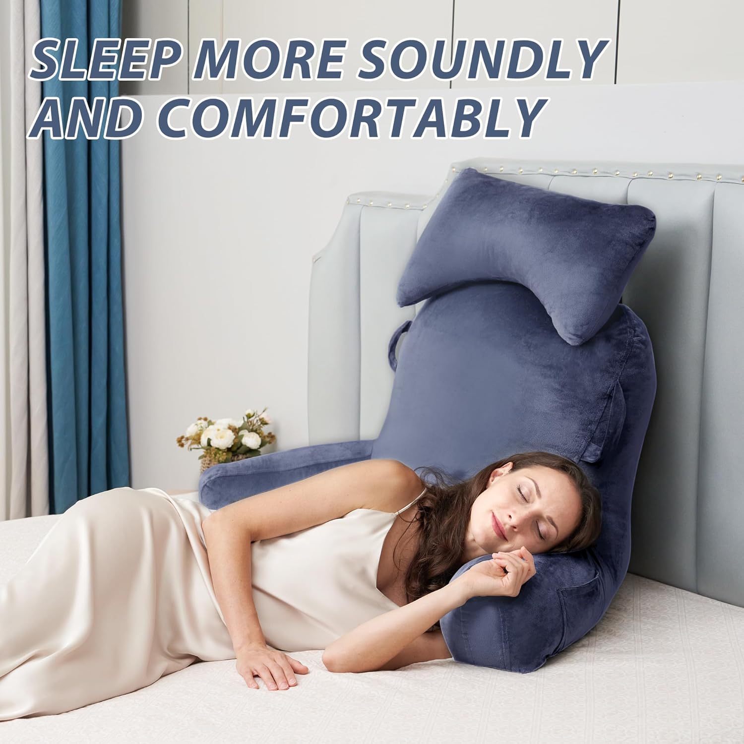 Unisakey Portable Reading Pillow with Headrest and Pockets Blue