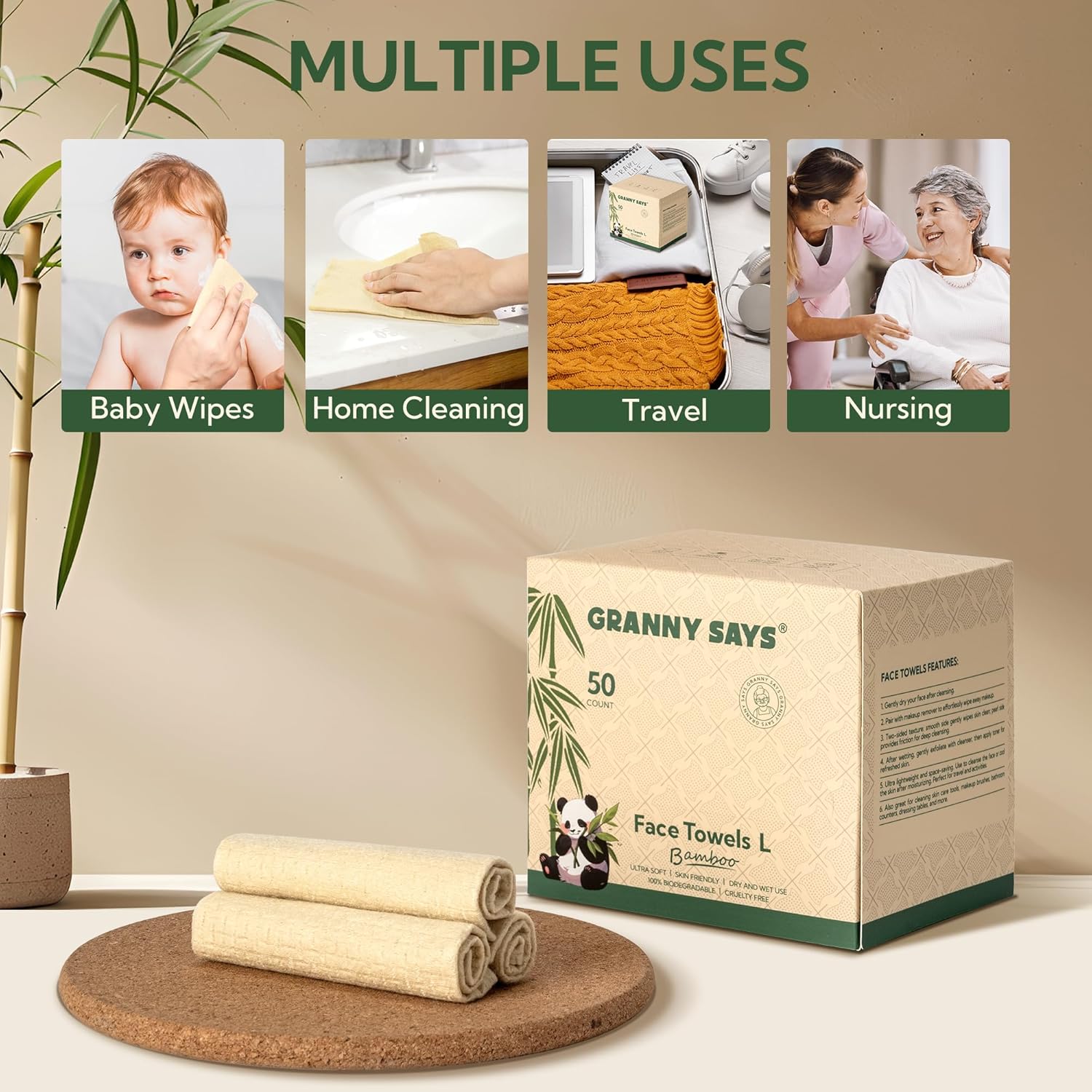 GRANNY SAYS Bamboo Face Towels 100 Count2 Pack 8x10 Inches