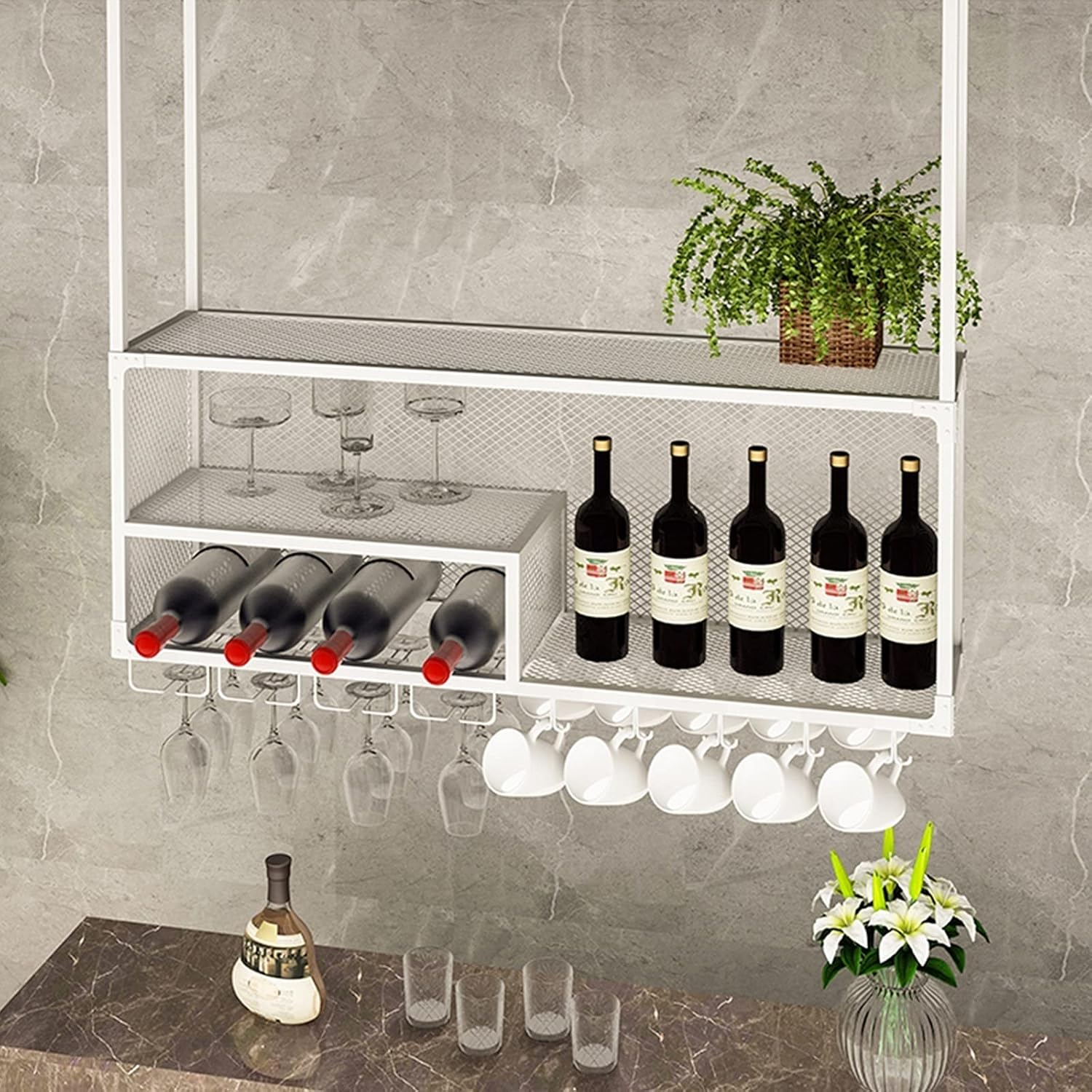 Hanging Wine Glass Rack - Industrial Style 2-Tier Wall Mounted Storage Shelf