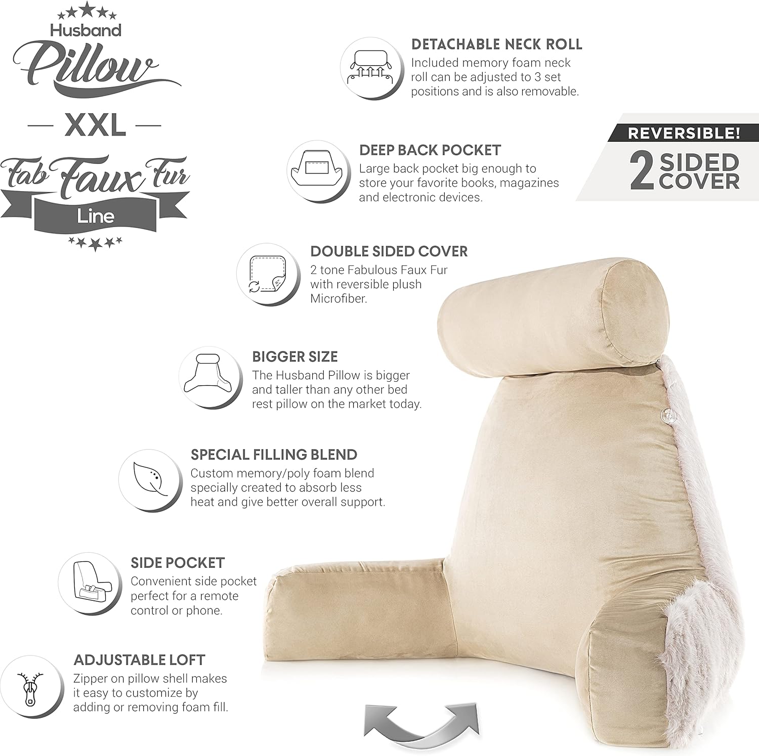 Husband Pillow XXL Reversible Faux Fur Reading Pillow
