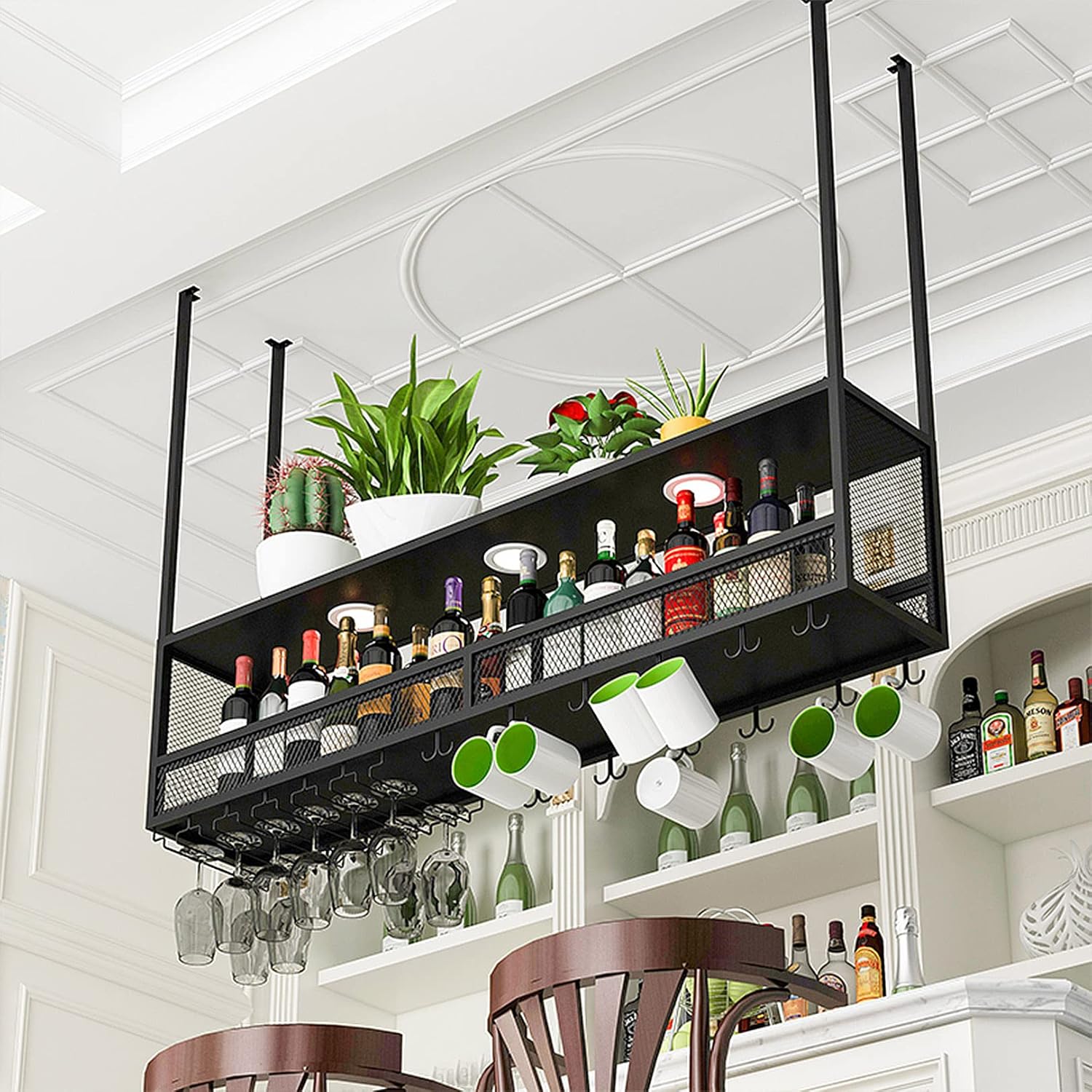 LUCEAE Industrial Hanging Wine Rack with Lights Bar Ceiling Mounted 10030Cm