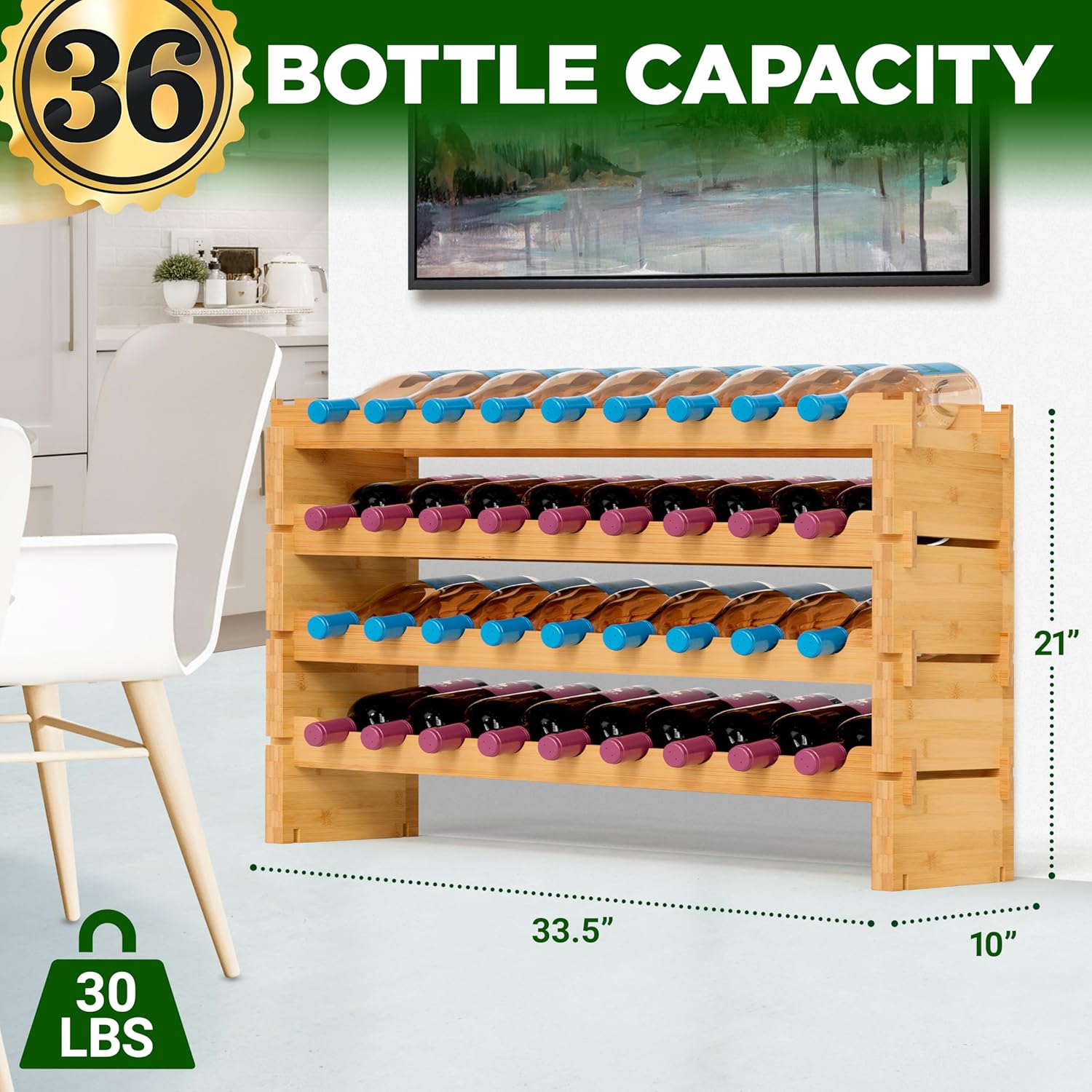 NutriChef 4-Tier Bamboo Wine Rack 36 Bottle Capacity