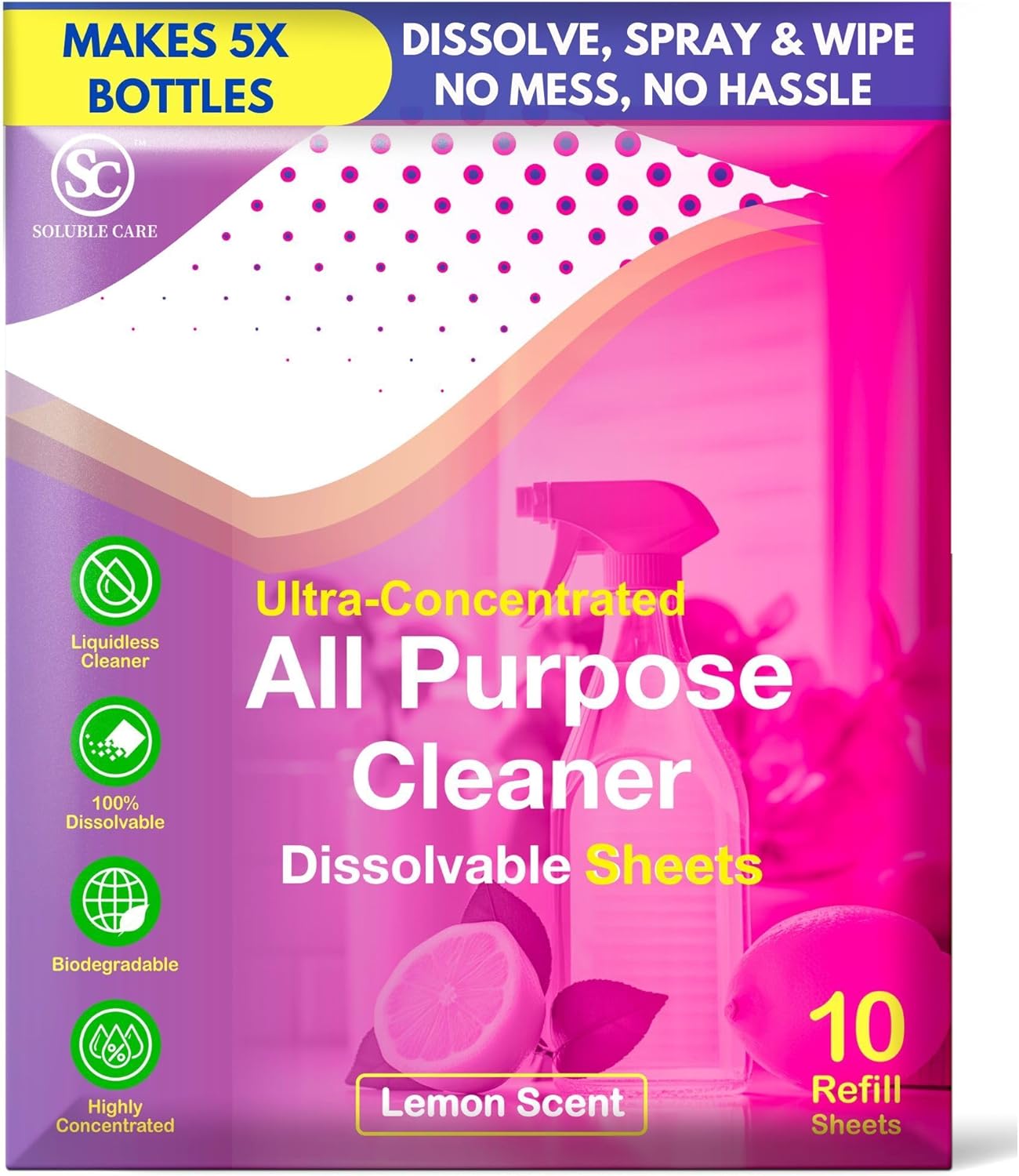 Soluble Care All Purpose Lemon Scent Cleaning Sheets 10-Pack 1