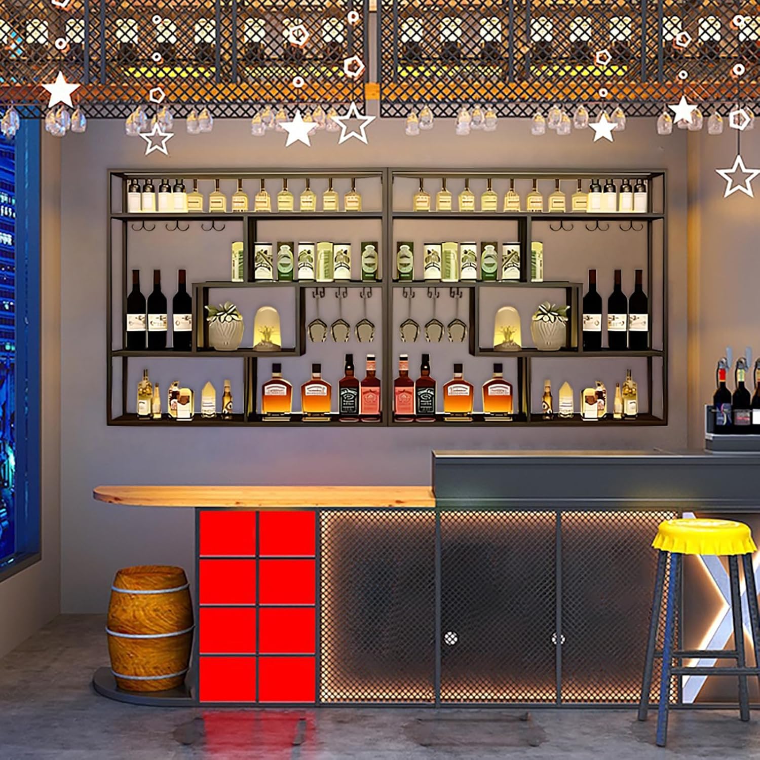 118in Wall Mounted Wine Rack with Glass Holder 4-Tier Industrial Design Black