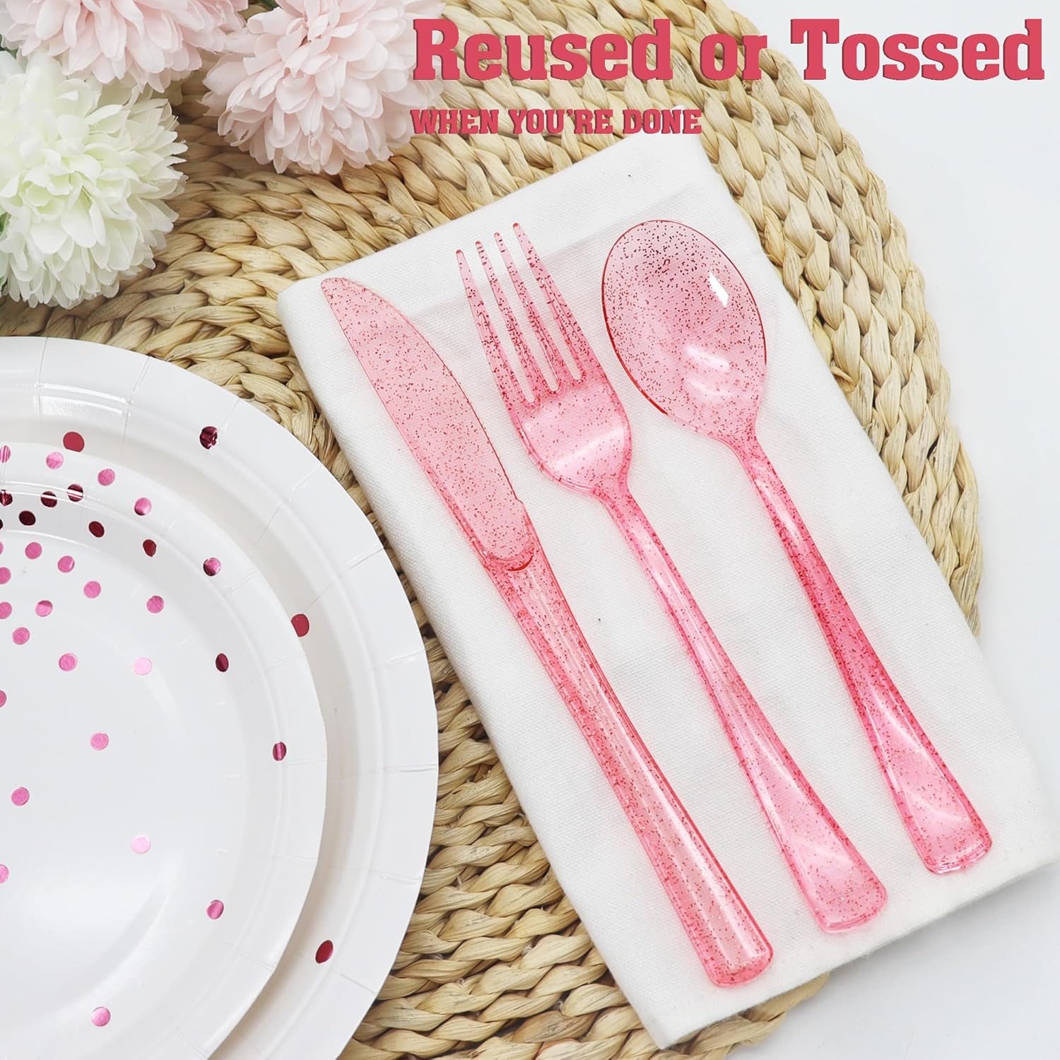 150 Pack Pink Plastic Silverware Set for Parties