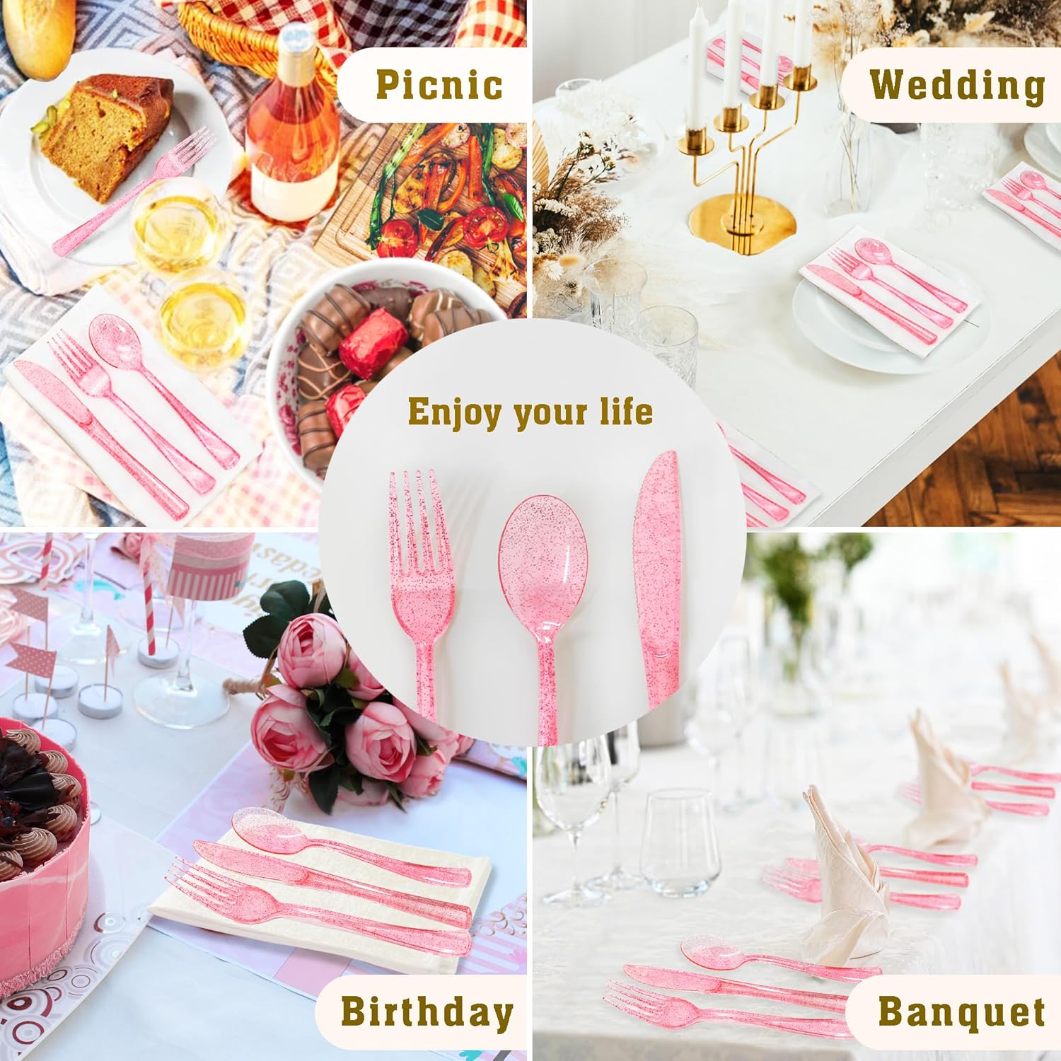 150 Pack Pink Plastic Silverware Set for Parties