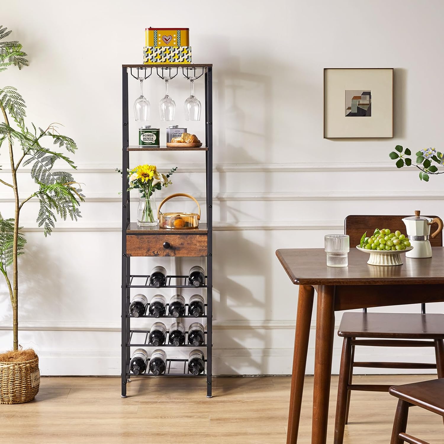 IBUYKE 4-Tier Freestanding Wine Rack with Storage Drawer