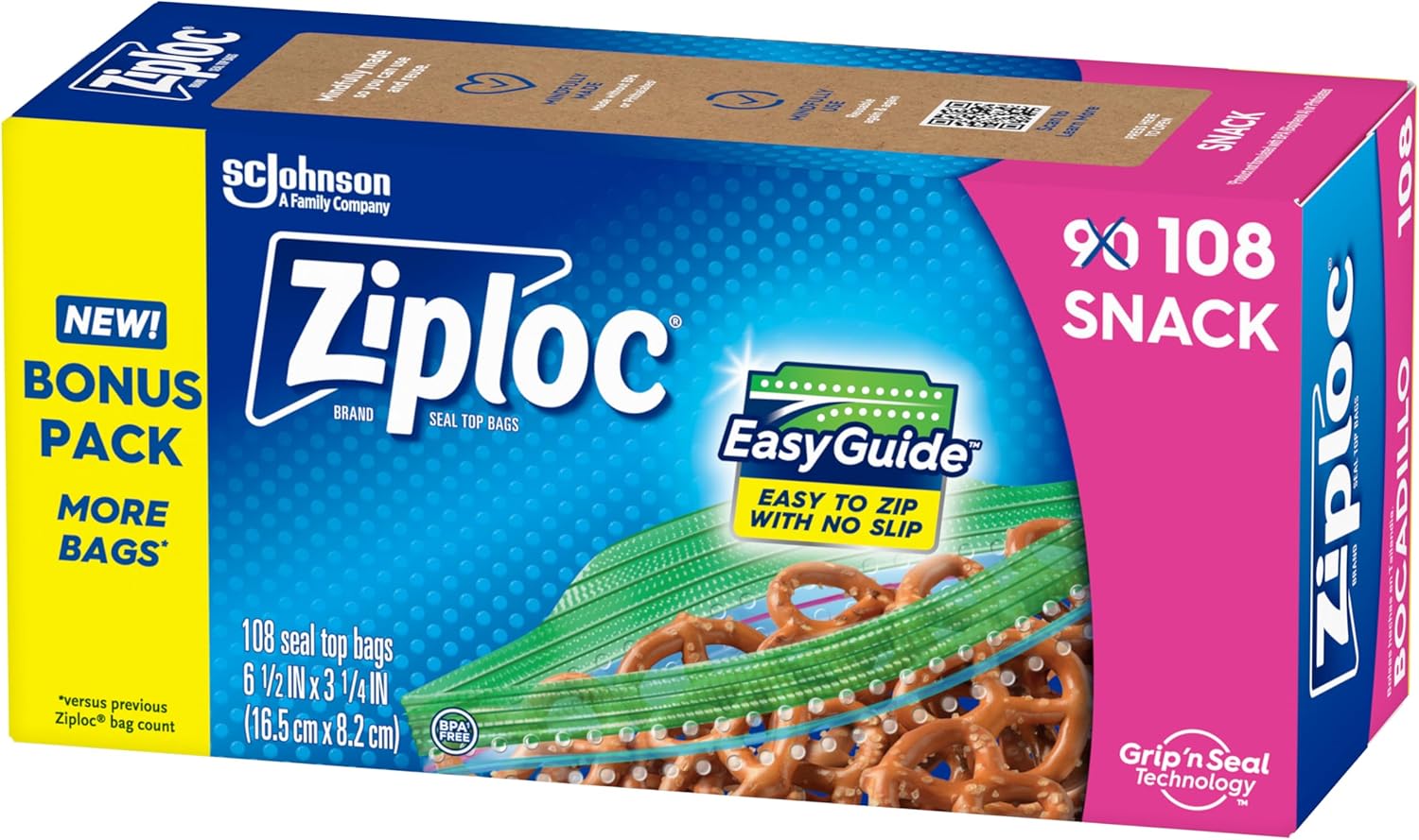 Ziploc Snack Bags with EasyGuide Texture 108 Count