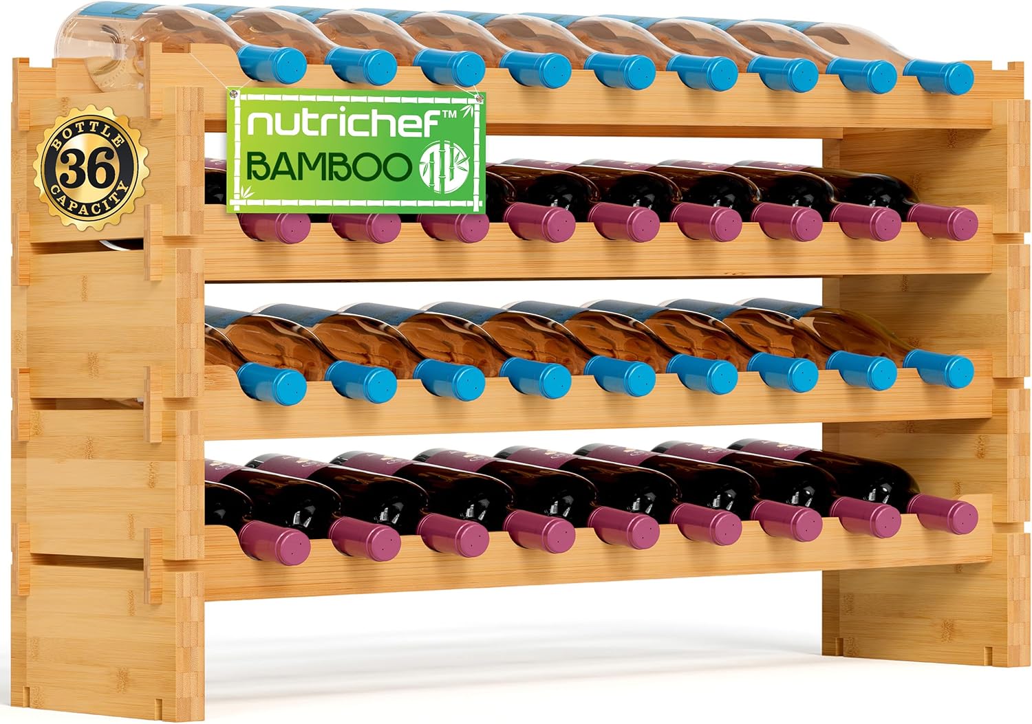 NutriChef 4-Tier Bamboo Wine Rack 36 Bottle Capacity